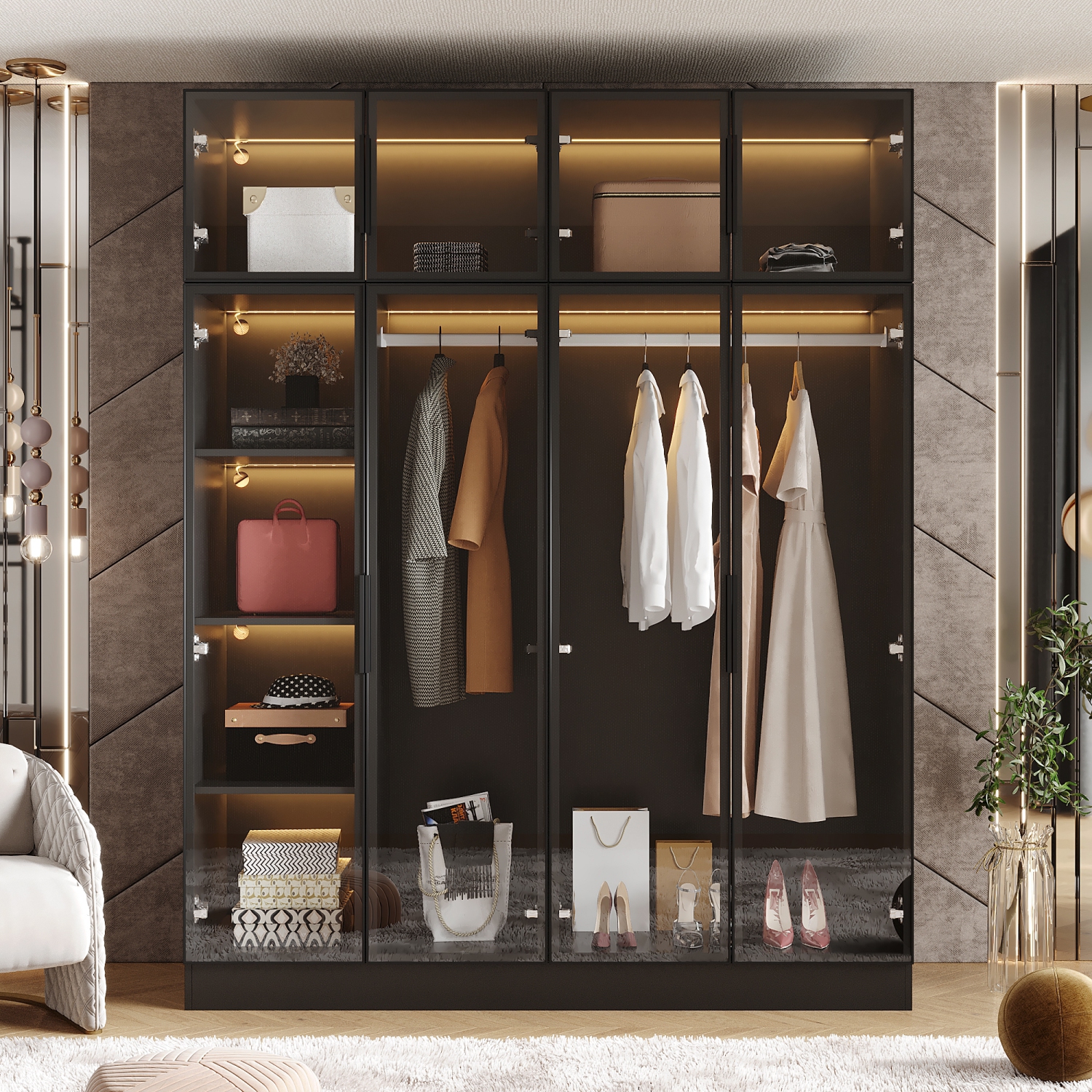 Armoire noire moderne Famapy avec éclairage intelligent et portes en verre – Grand espace de rangement et design écologique, noir