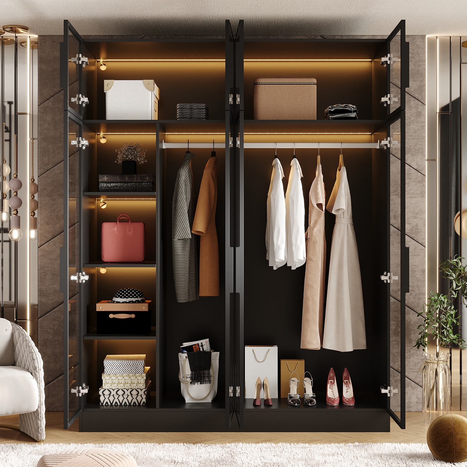 Armoire noire moderne Famapy avec éclairage intelligent et portes en verre – Grand espace de rangement et design écologique, noir