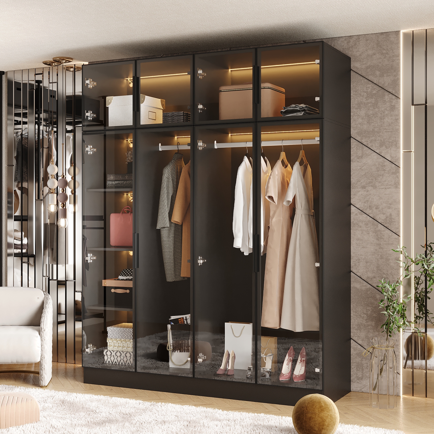 Armoire noire moderne Famapy avec éclairage intelligent et portes en verre – Grand espace de rangement et design écologique, noir
