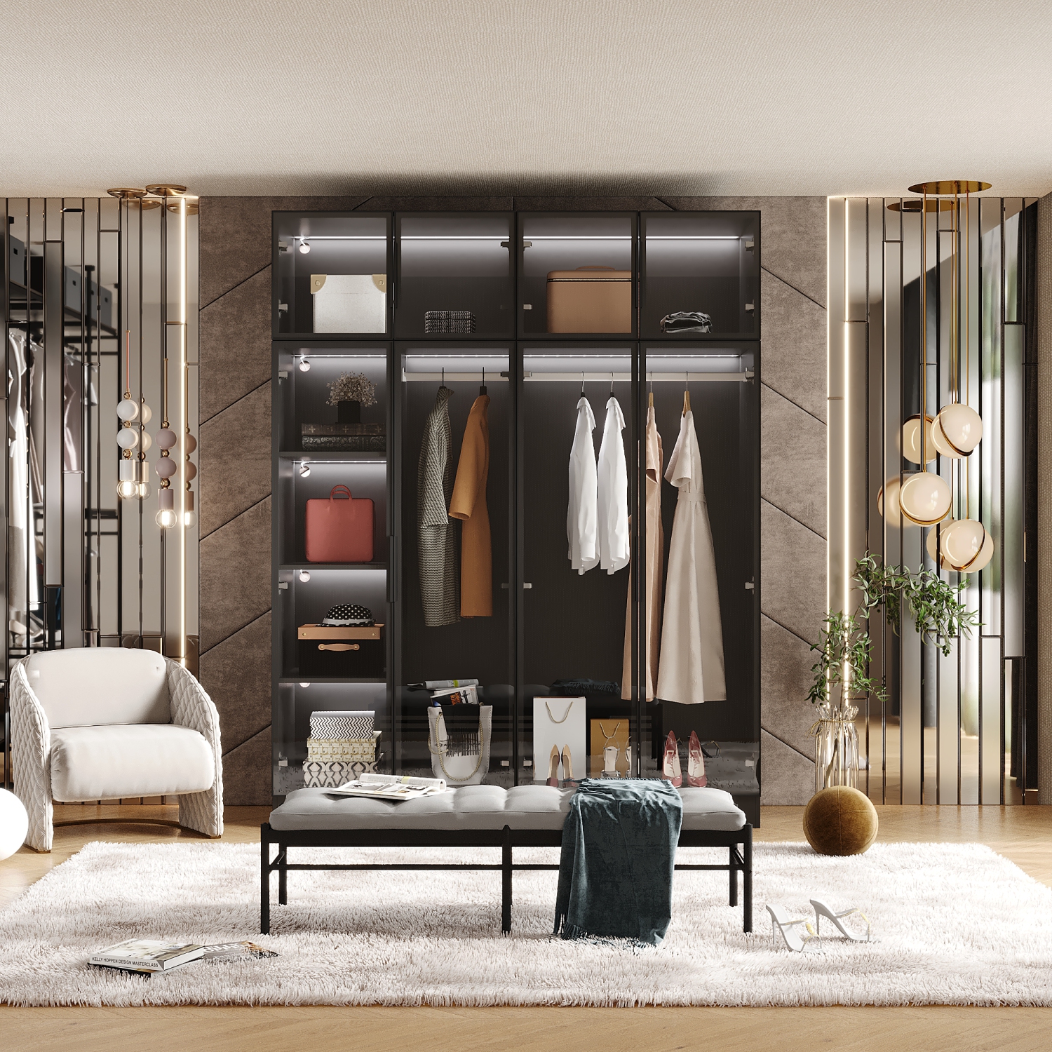 Armoire noire moderne Famapy avec éclairage intelligent et portes en verre – Grand espace de rangement et design écologique, noir