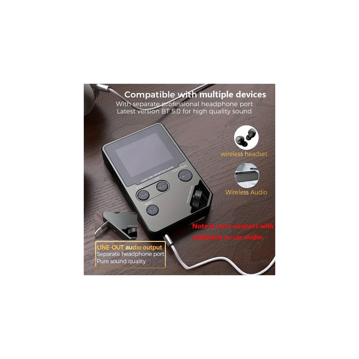 Lecteur MP3 haute fidélité sans perte 8 Go avec Bluetooth 5,0, boîtier en alliage de zinc, écran de 1,8 po, longue autonomie, baladeur