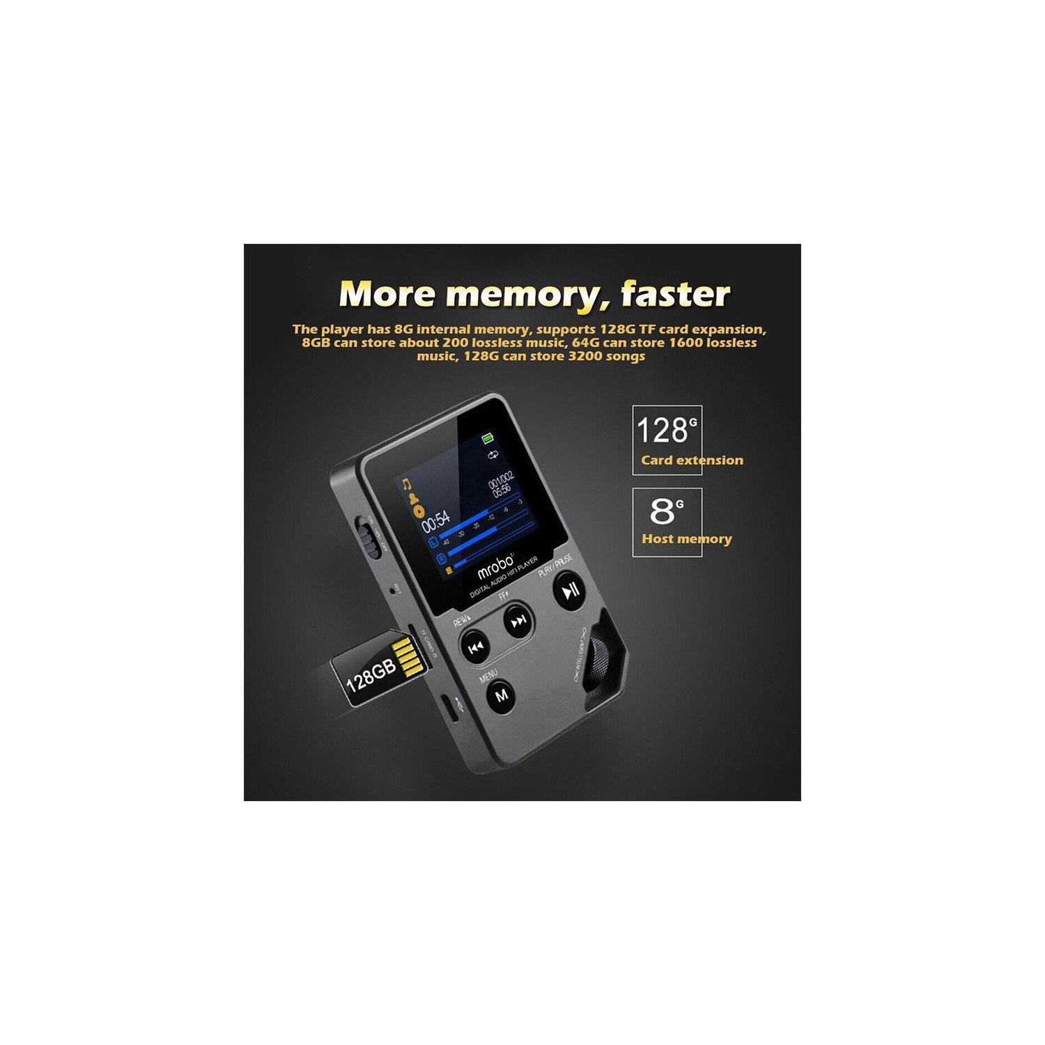 Lecteur MP3 haute fidélité sans perte 8 Go avec Bluetooth 5,0, boîtier en alliage de zinc, écran de 1,8 po, longue autonomie, baladeur