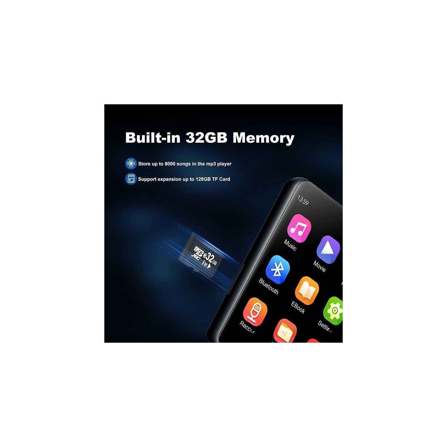Lecteur MP3 Hi-Fi à écran tactile intégral - Mémoire intégrée 32&nbsp;Go, Bluetooth 5,0, radio FM, enregistreur vocal, lecteur de livres numériques,