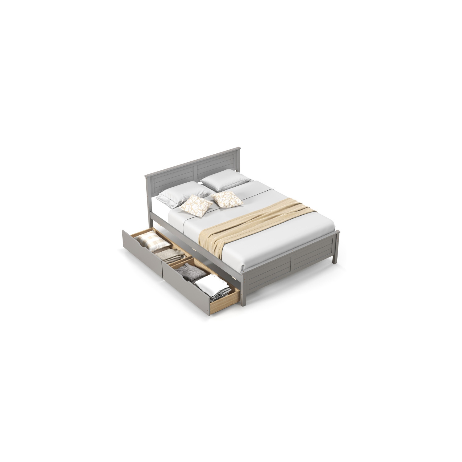 Cadre de lit avec tête de lit en bois massif et tiroirs de rangement sous le lit