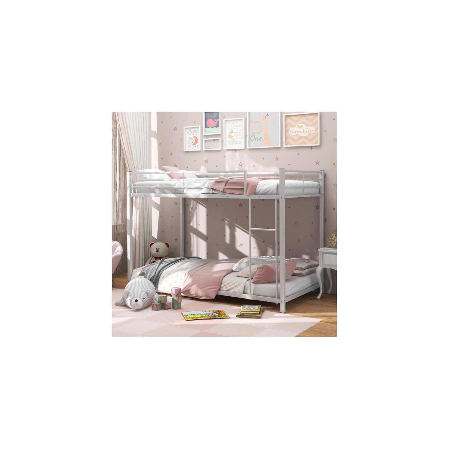 Low Profile Twin Bunk Bed with Metal Frame and Protective Guardrails