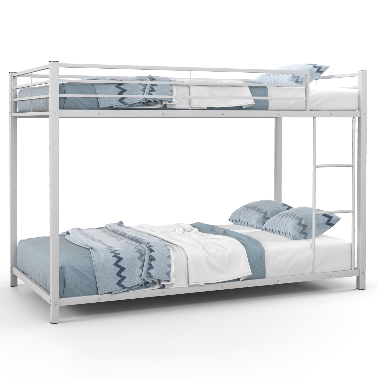 Low Profile Twin Bunk Bed with Metal Frame and Protective Guardrails