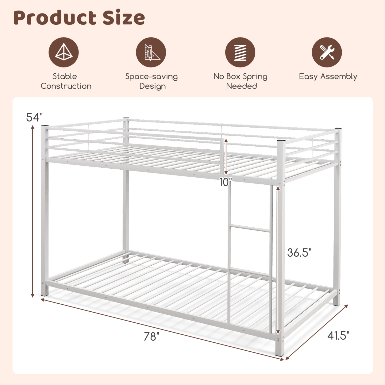 Low Profile Twin Bunk Bed with Metal Frame and Protective Guardrails
