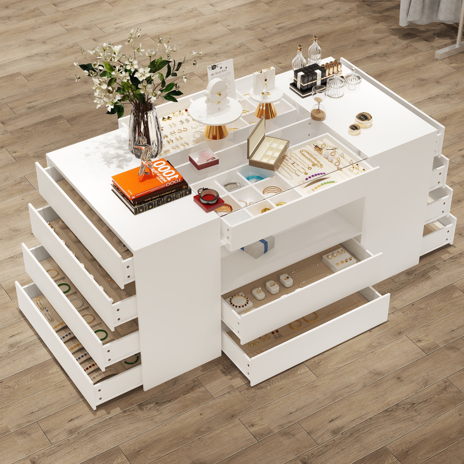 Armoire à bijoux à 14 tiroirs Famapy avec dessus en verre trempé et tablette spacieuse – Solution de rangement élégante pour la chambre ou le salon,,