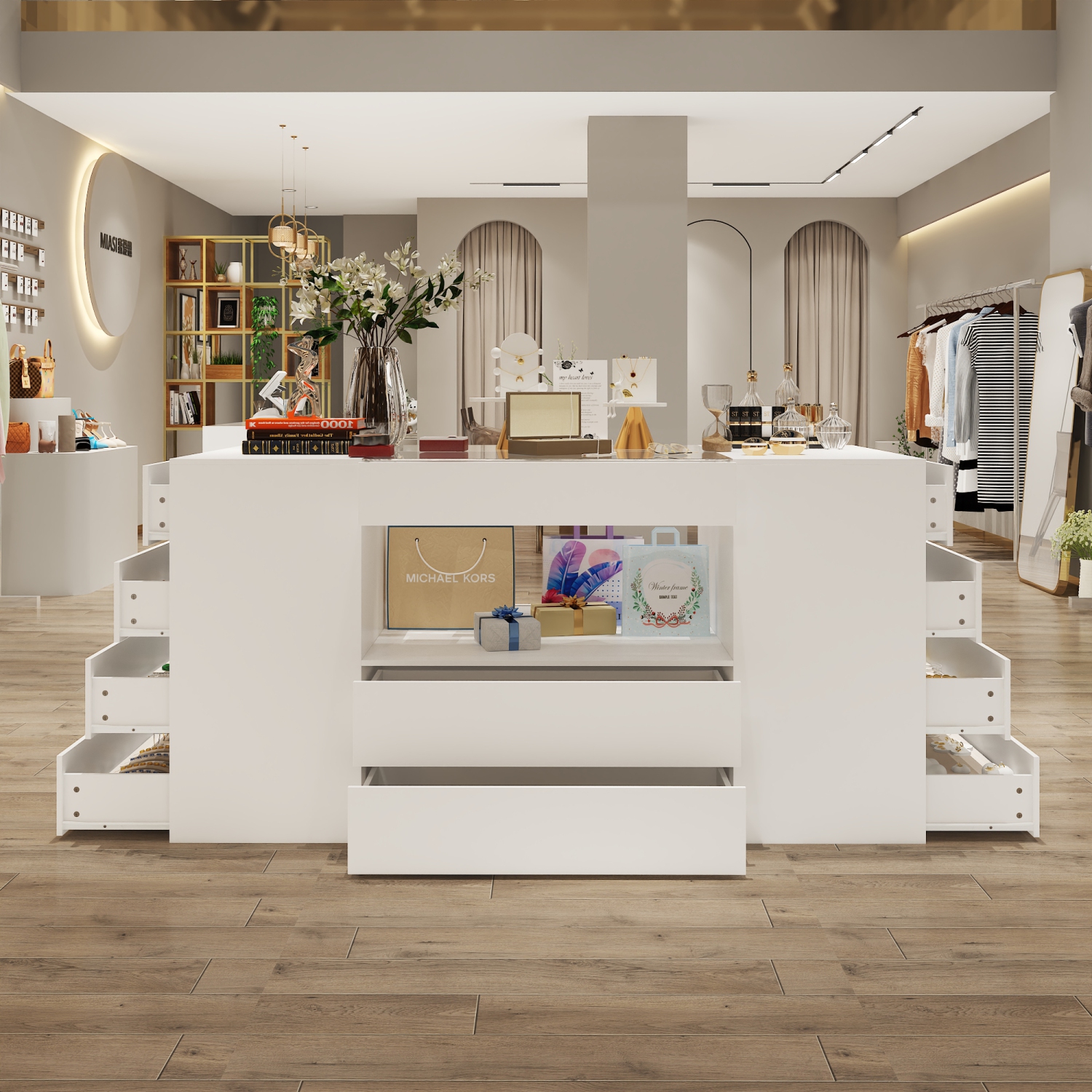 Armoire à bijoux à 14 tiroirs Famapy avec dessus en verre trempé et tablette spacieuse – Solution de rangement élégante pour la chambre ou le salon,,