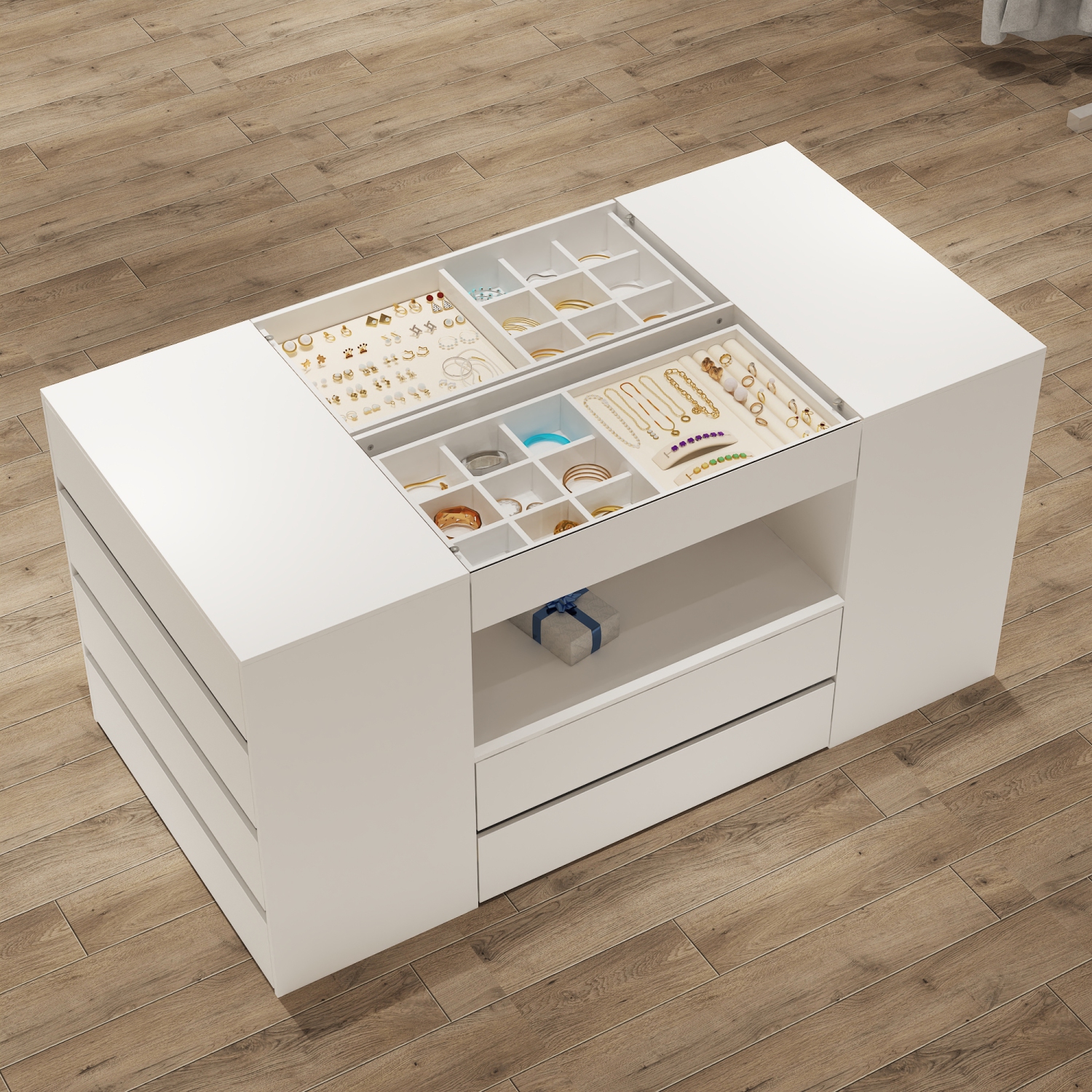 Armoire à bijoux à 14 tiroirs Famapy avec dessus en verre trempé et tablette spacieuse – Solution de rangement élégante pour la chambre ou le salon,,