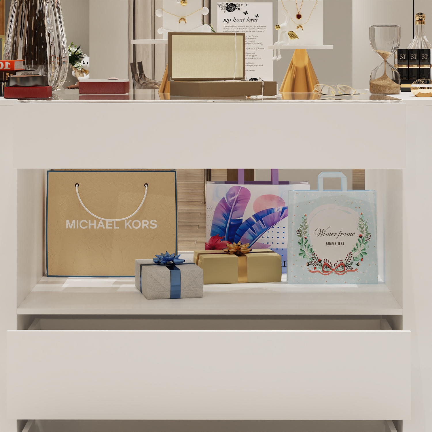 Armoire à bijoux à 14 tiroirs Famapy avec dessus en verre trempé et tablette spacieuse – Solution de rangement élégante pour la chambre ou le salon,,