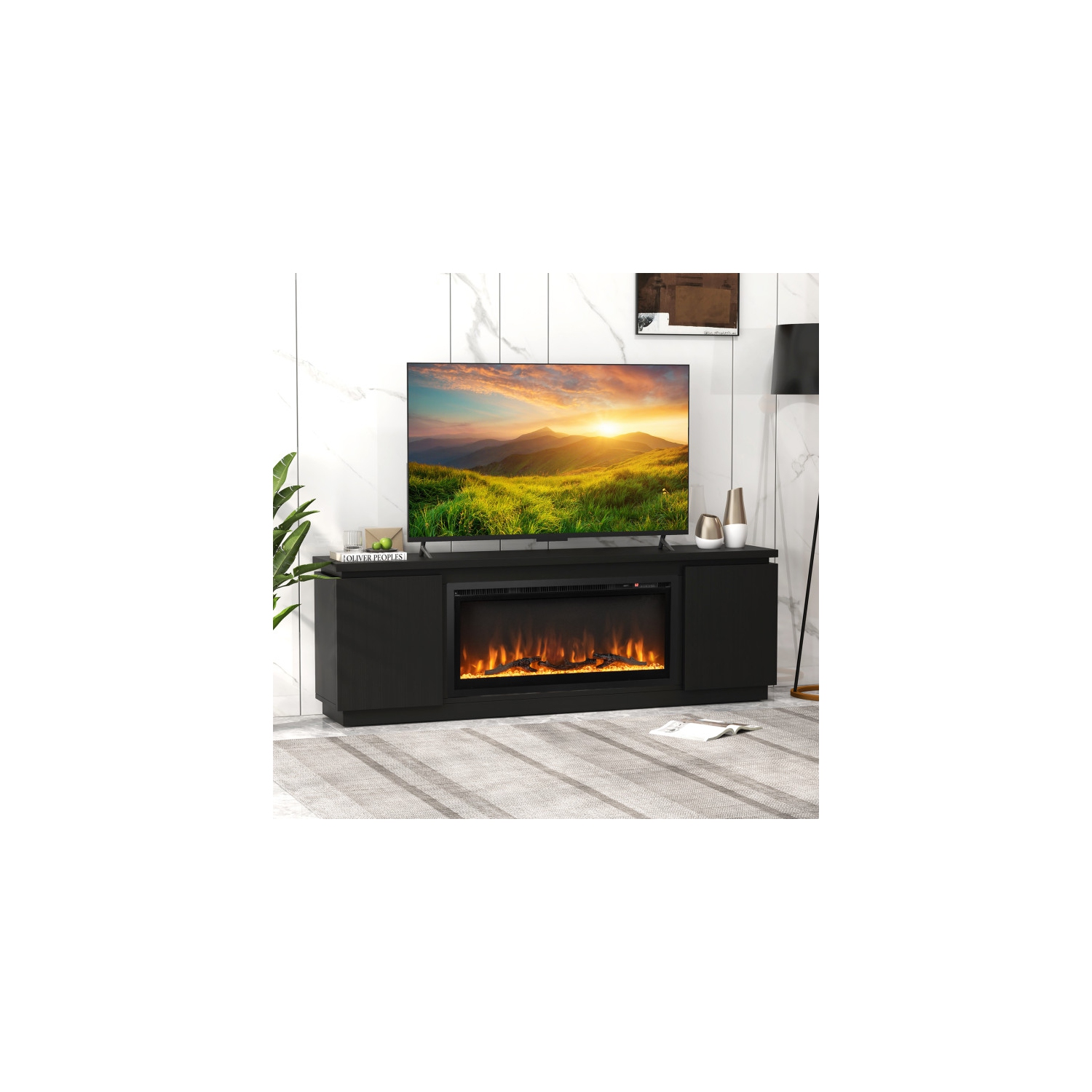 Meuble-foyer pour téléviseur jusqu'à 80&nbsp;po avec 3 tablettes réglables - Noir