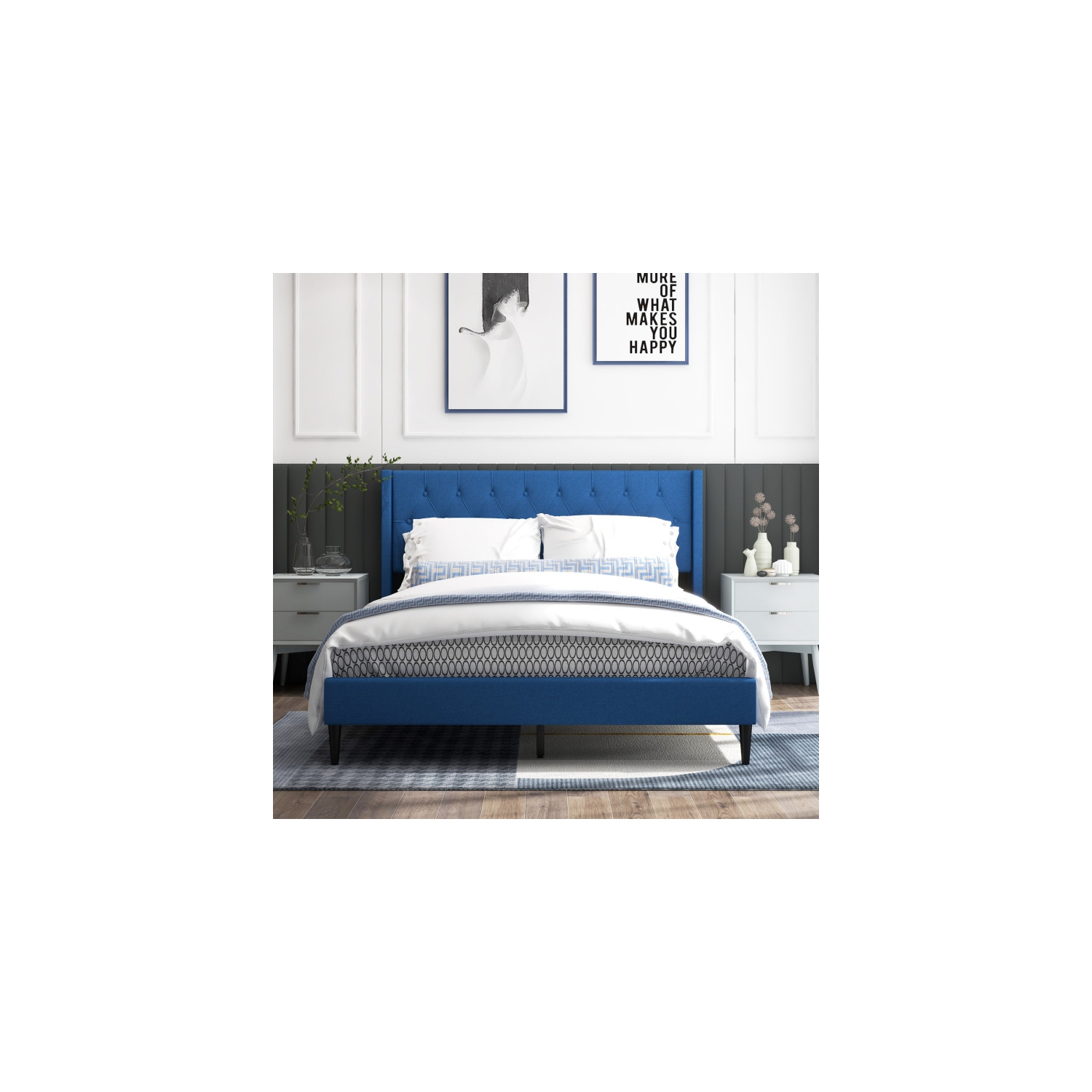 Platform Bed with Upholstered Frame and Button Tufted Wing back Headboard