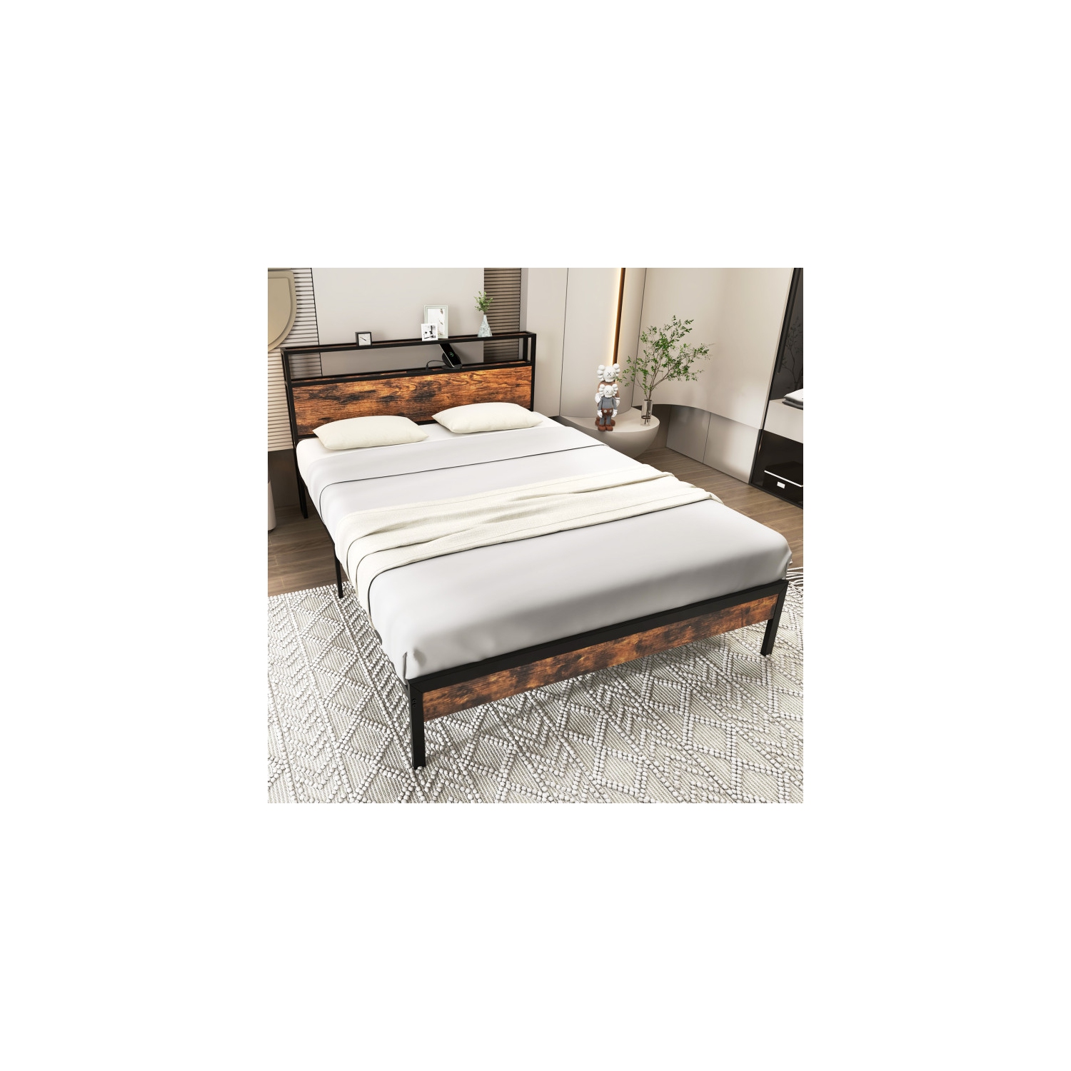 Space-Saving Bed with Storage Headboard and Integrated Charging Station