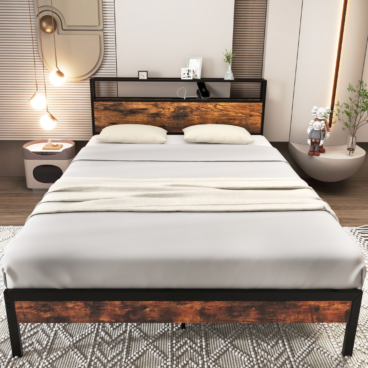 Space-Saving Bed with Storage Headboard and Integrated Charging Station