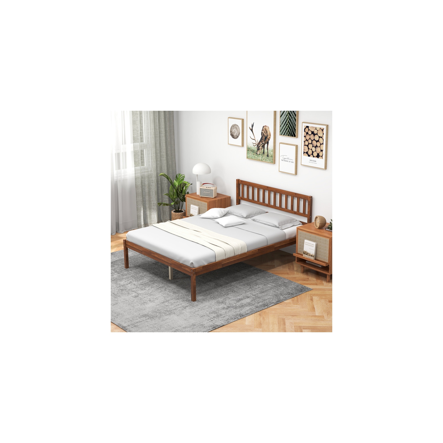 Bed Frame with Wood Construction, Headboard, and Slat Support