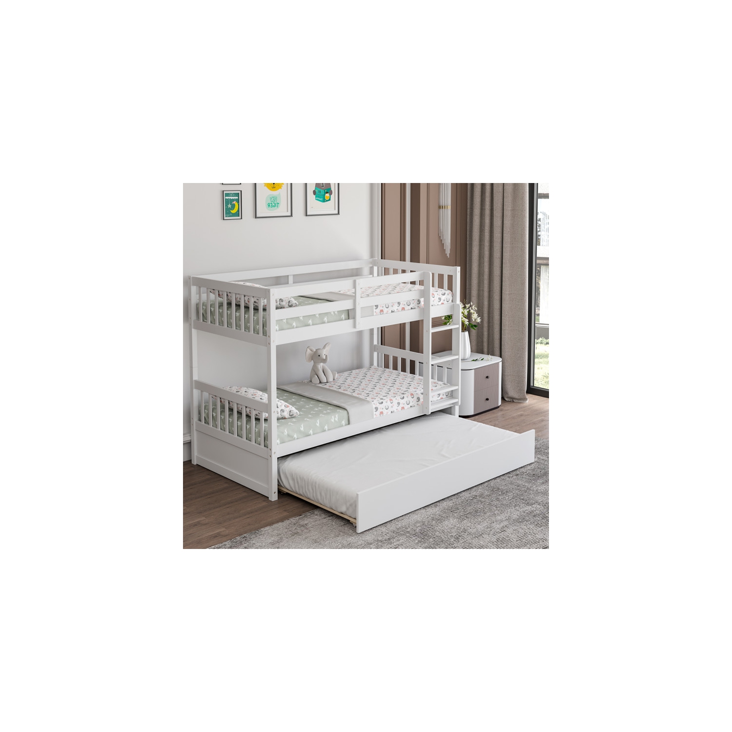 Wooden Bunk Bed Frame with Ladder and Trundle Bed Storage