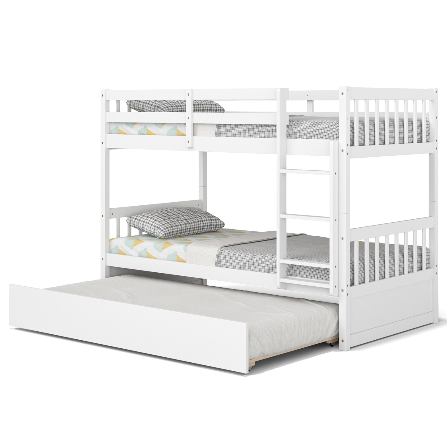 Wooden Bunk Bed Frame with Ladder and Trundle Bed Storage