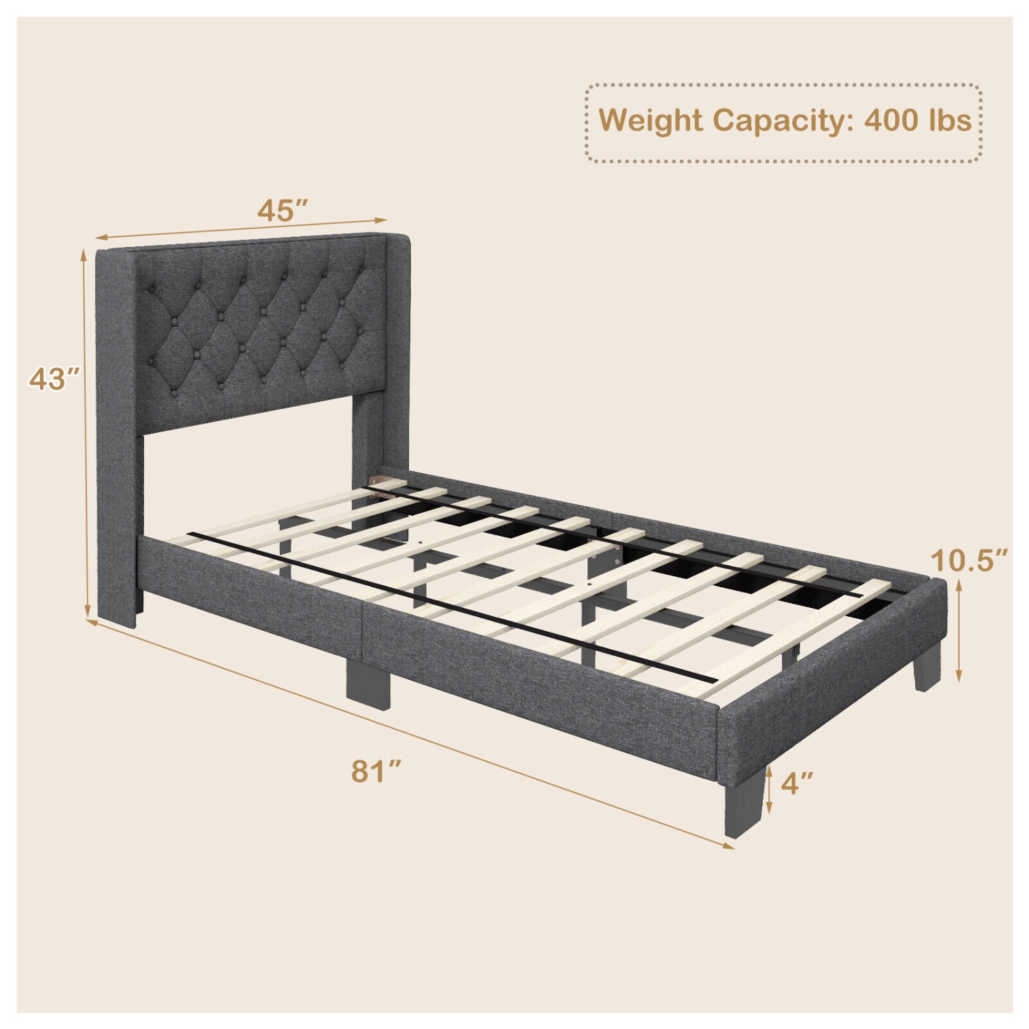 Sturdy Platform Bed with Upholstered Frame and Button Tufted Headboard