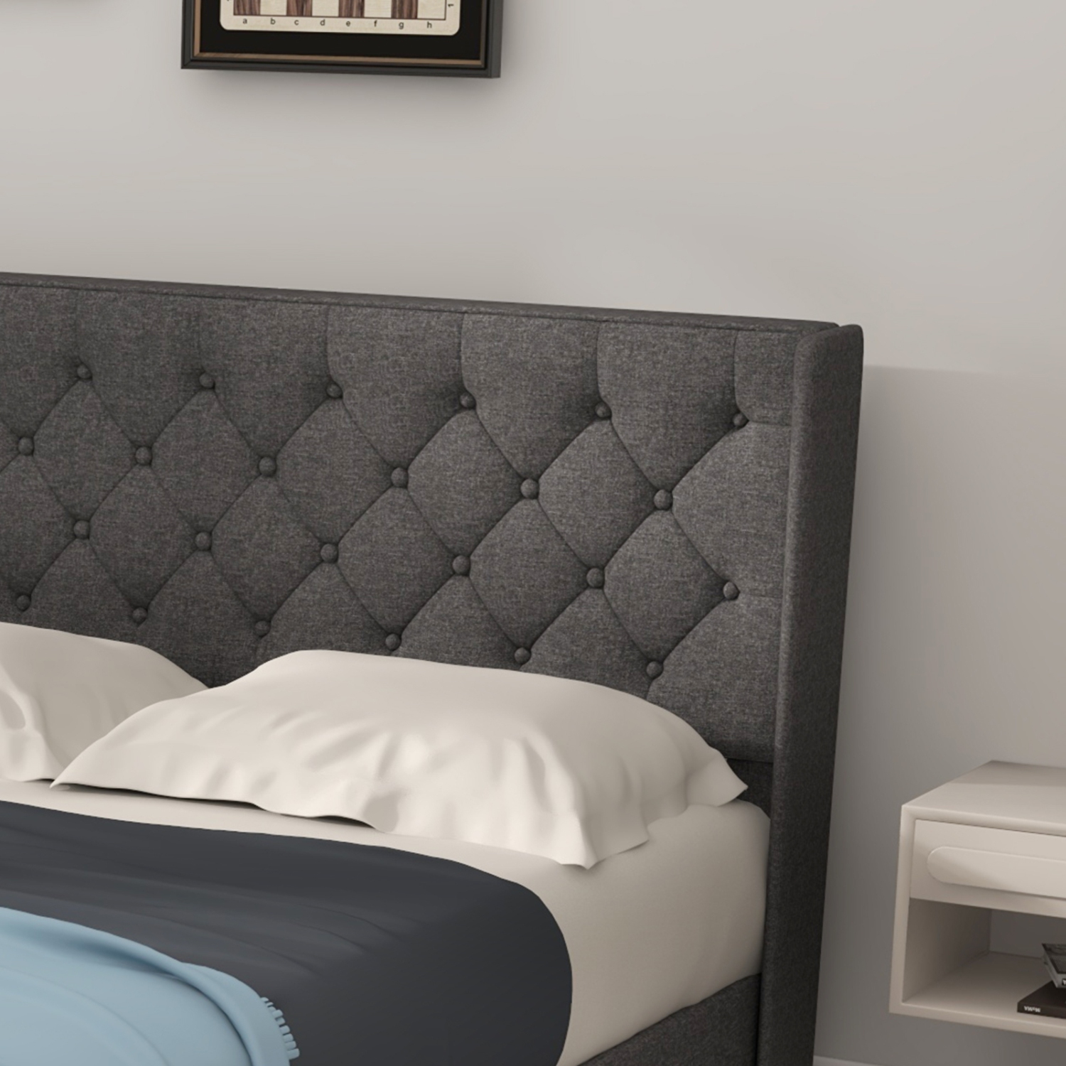 Sturdy Platform Bed with Upholstered Frame and Button Tufted Headboard
