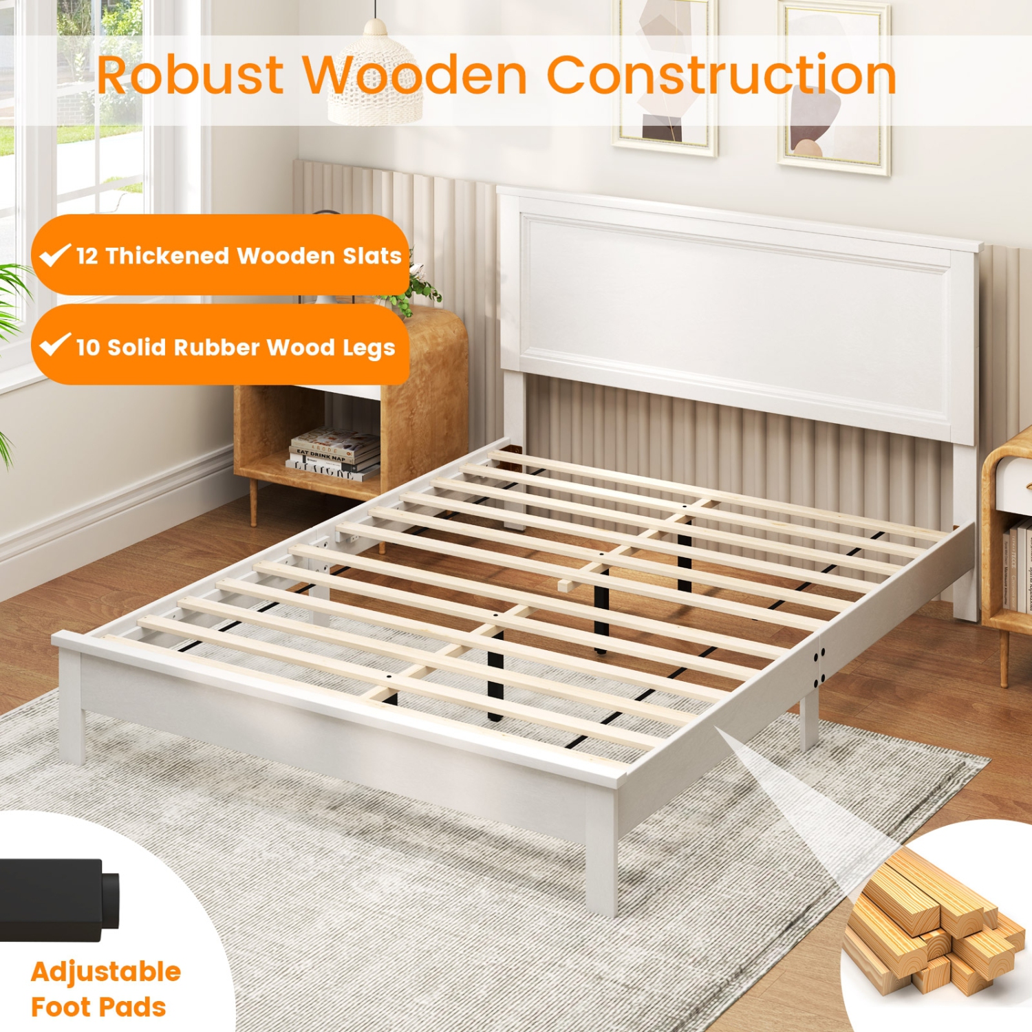 Platform Bed Frame with Slats, High Headboard, and Rubber wood Legs