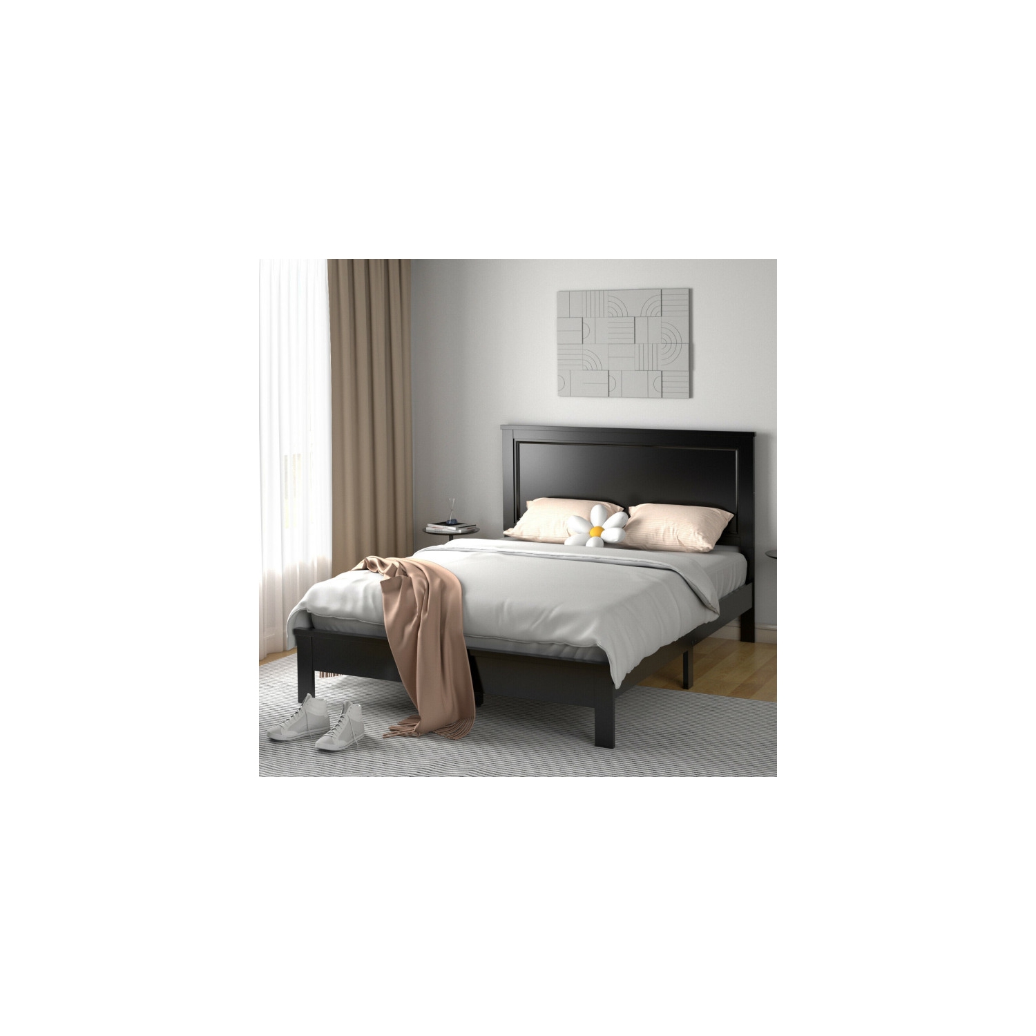 Platform Bed Frame with Slats, High Headboard, and Rubber wood Legs