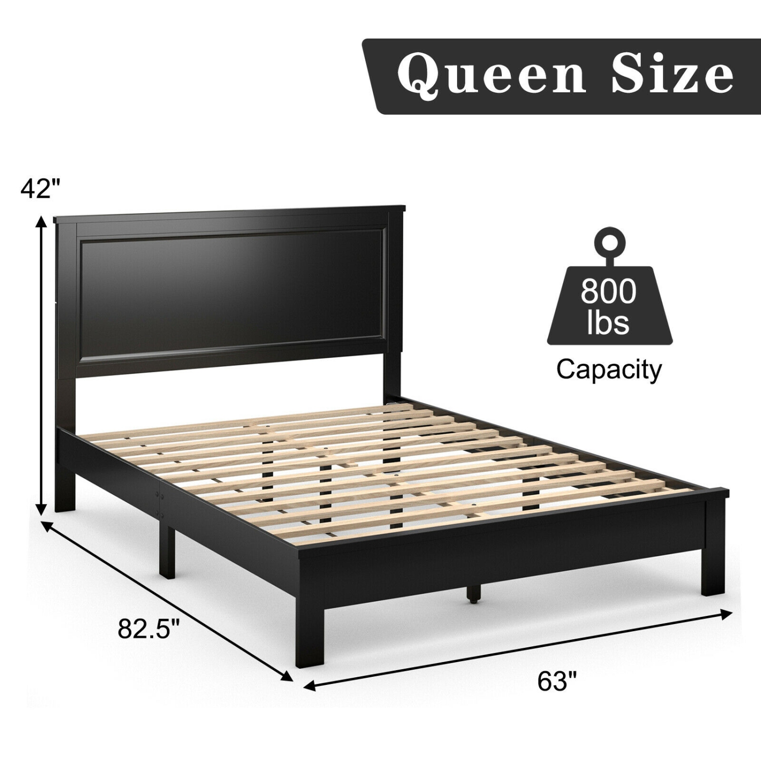 Platform Bed Frame with Slats, High Headboard, and Rubber wood Legs