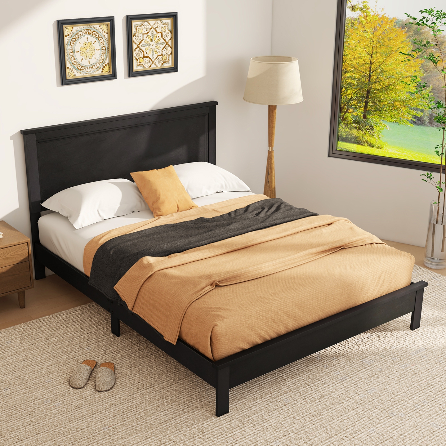 Platform Bed Frame with Slats, High Headboard, and Rubber wood Legs