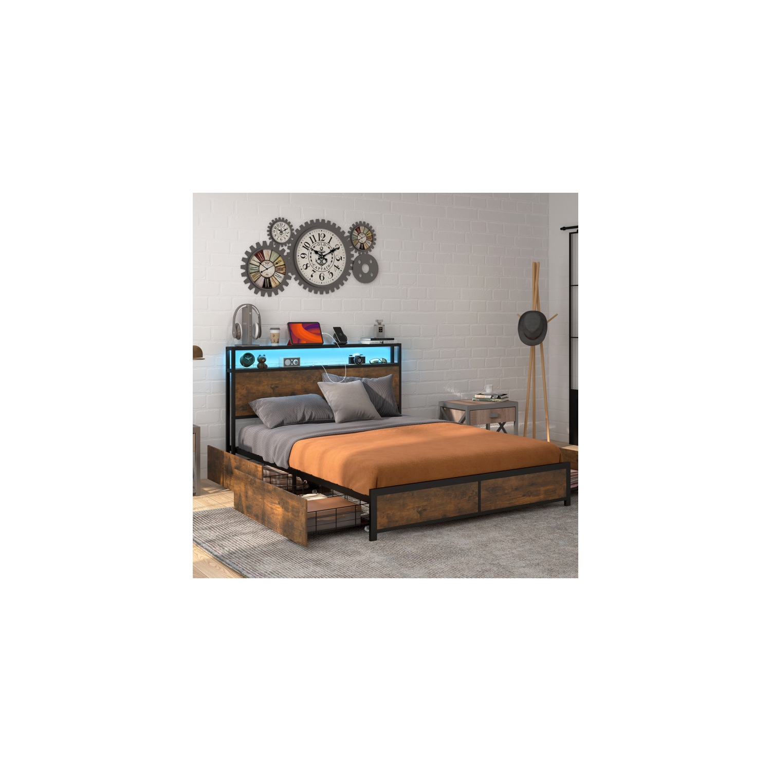 Modern Bed Frame with Smart LED Lights and Storage Drawers for Bedroom