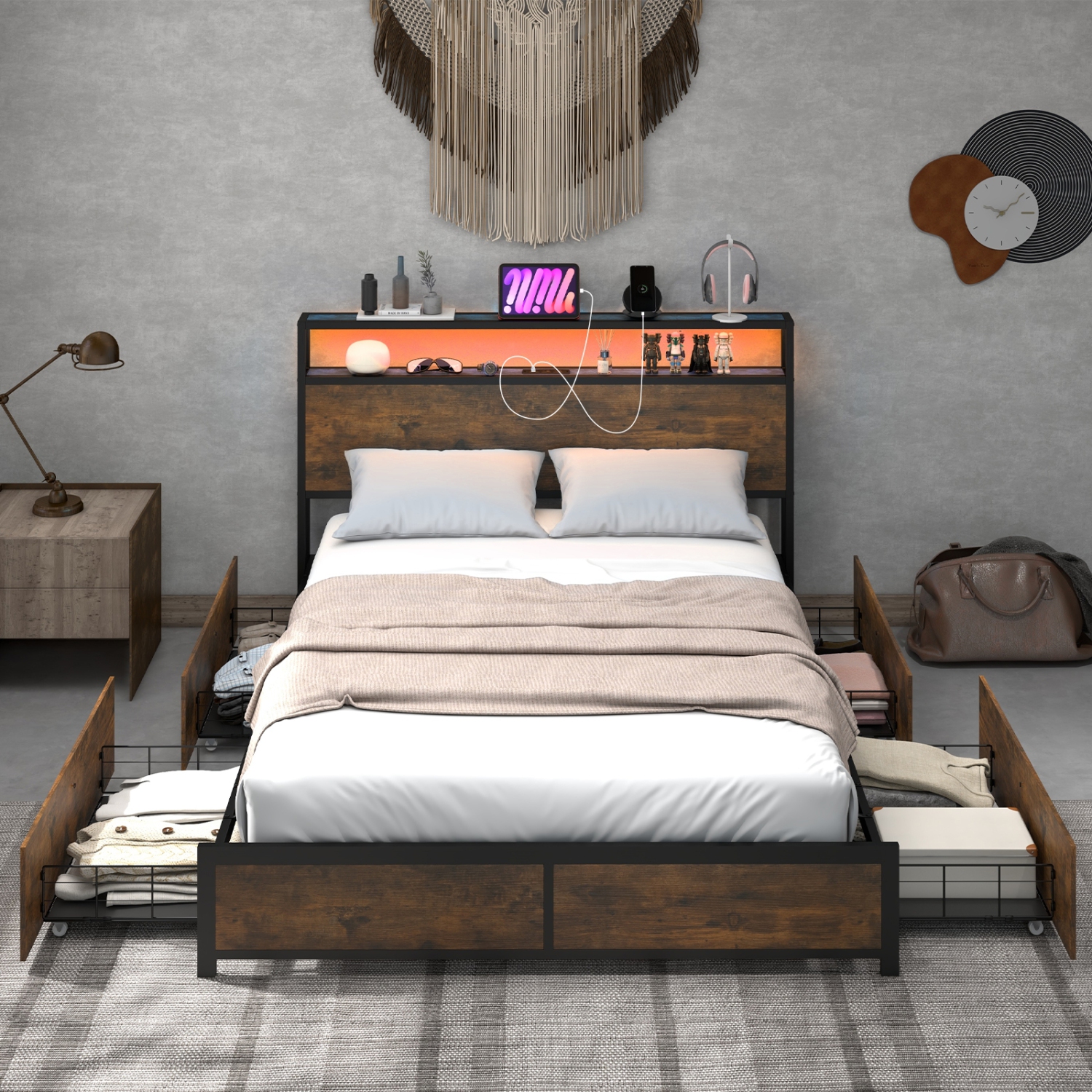 Modern Bed Frame with Smart LED Lights and Storage Drawers for Bedroom