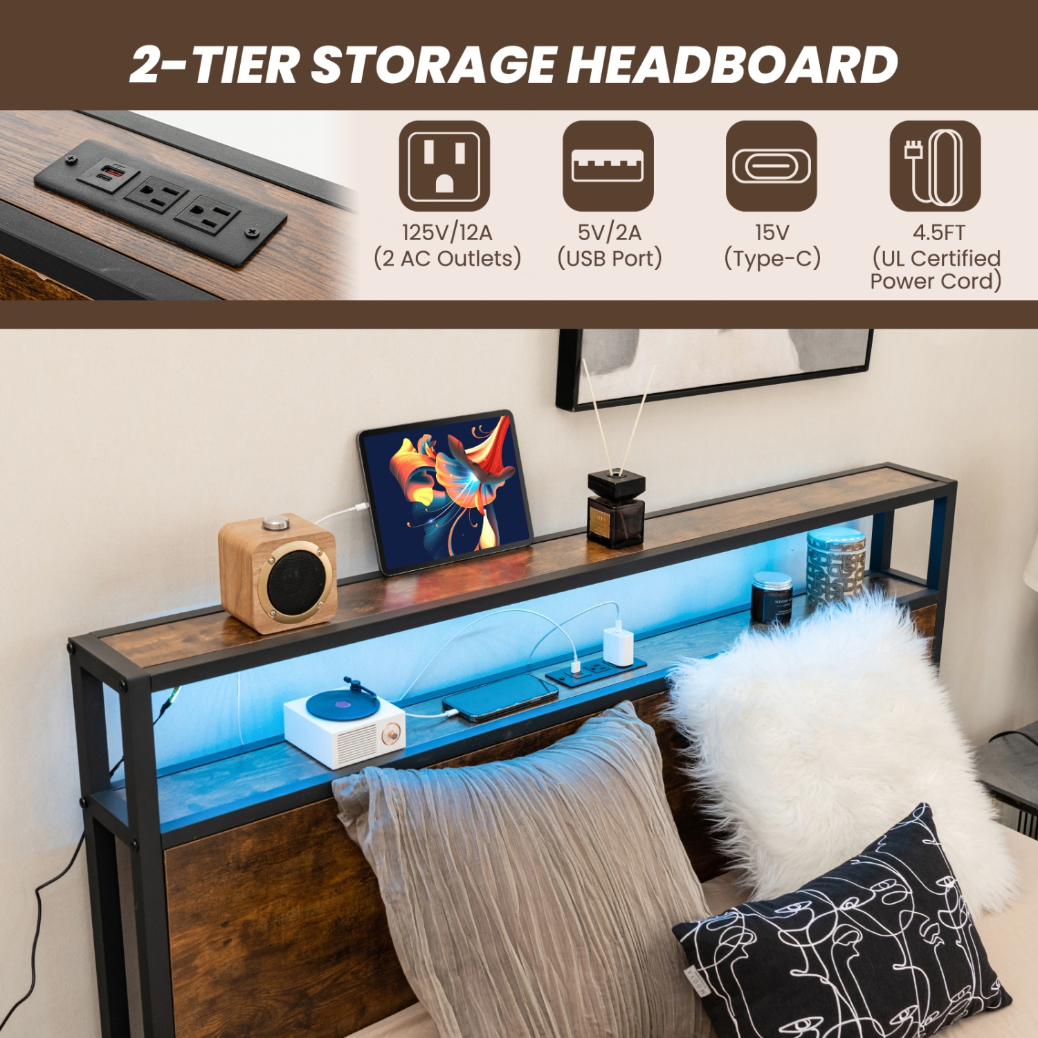 Modern Bed Frame with Smart LED Lights and Storage Drawers for Bedroom