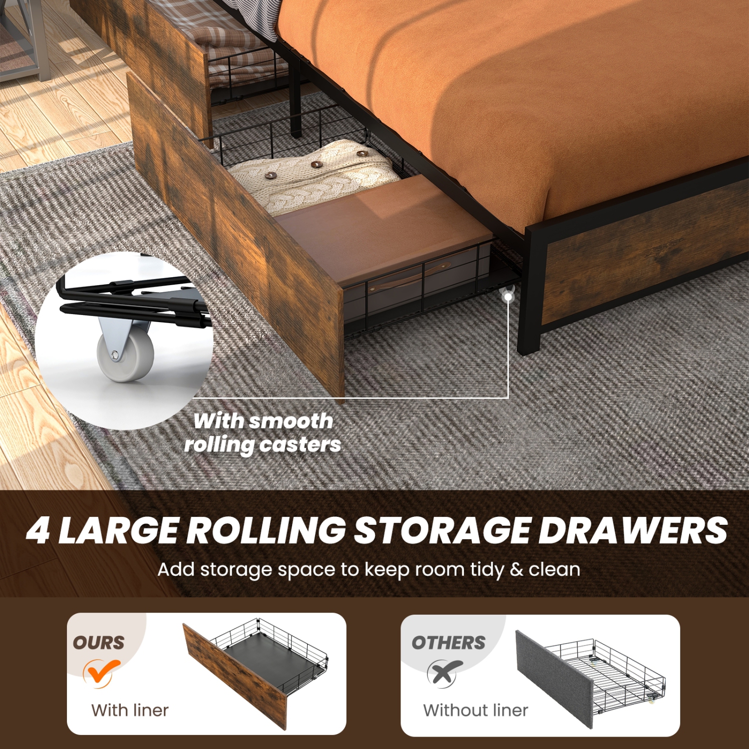 Modern Bed Frame with Smart LED Lights and Storage Drawers for Bedroom