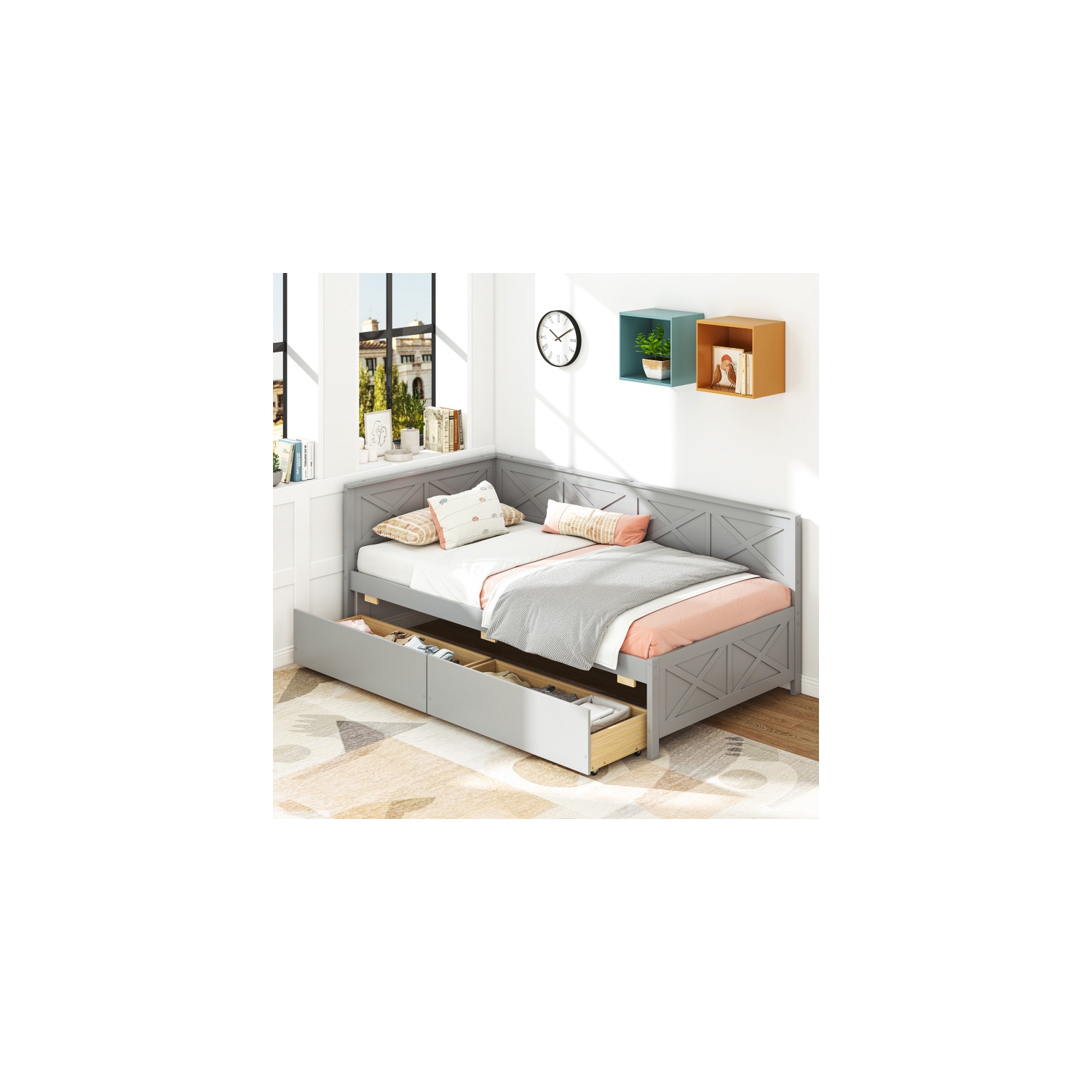 Wooden Daybed with Built-in Storage Drawers, Box Spring Not Needed