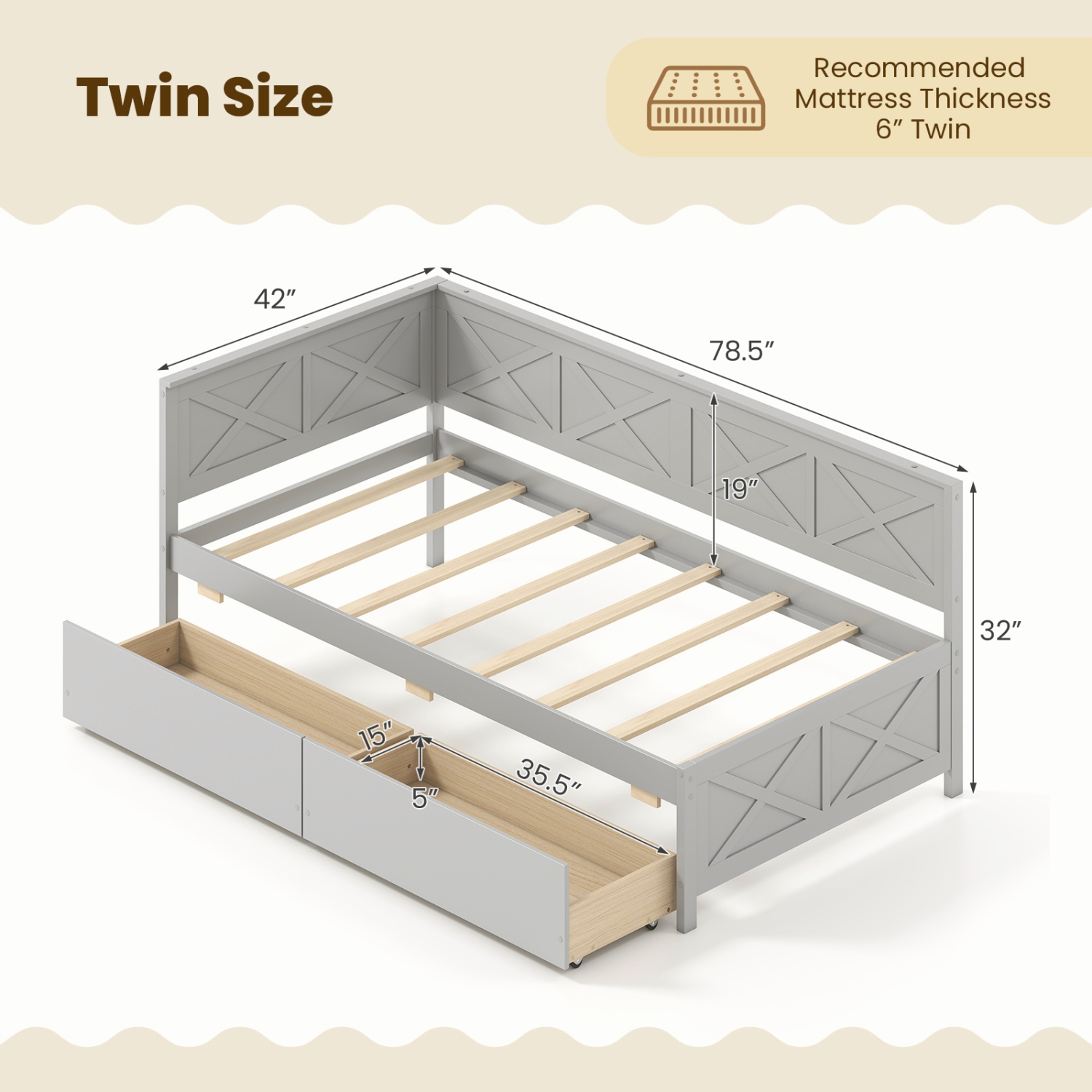 Wooden Daybed with Built-in Storage Drawers, Box Spring Not Needed