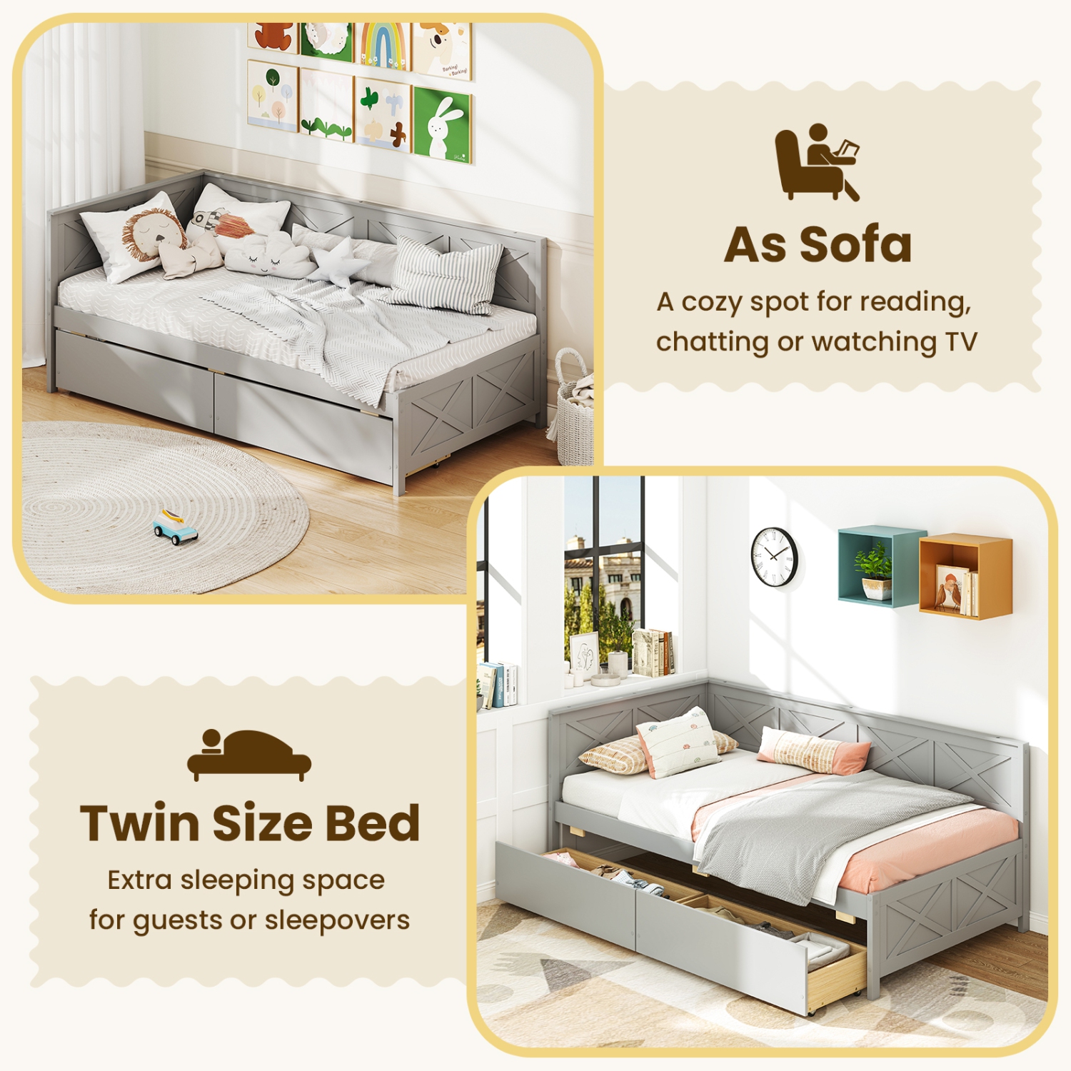 Wooden Daybed with Built-in Storage Drawers, Box Spring Not Needed