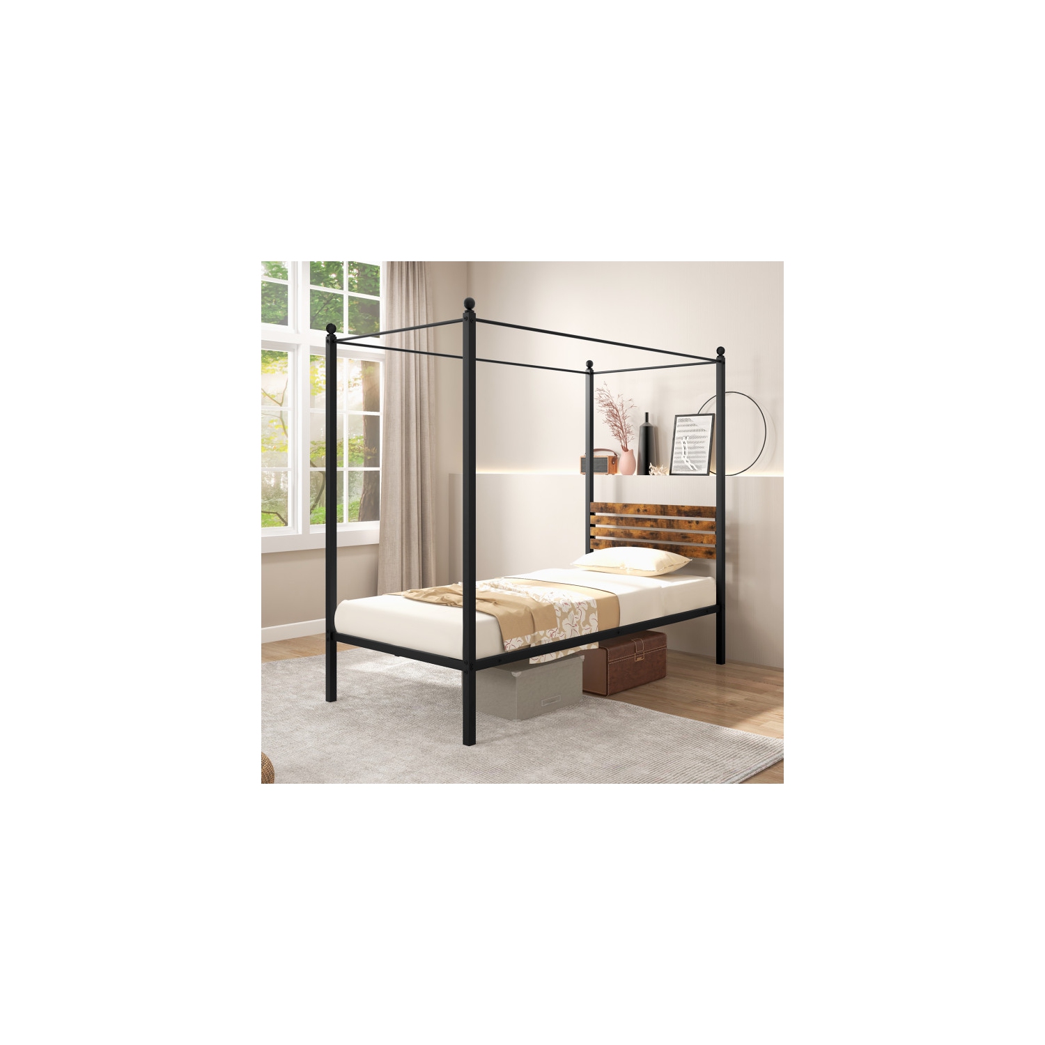 Cadre de lit à auvent élégant avec soutien robuste et rangement sous le lit