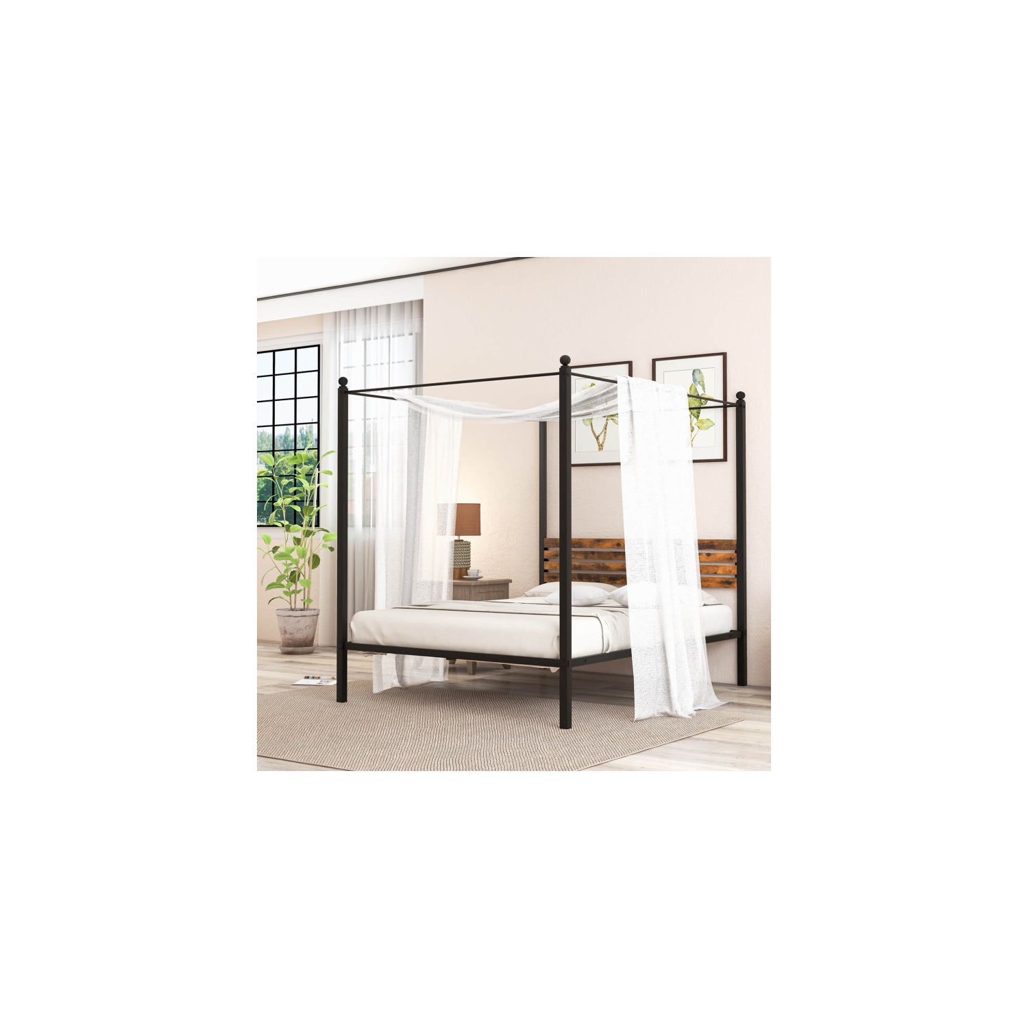 Stylish Canopy Bed Frame with Strong Support and Under Bed Storage