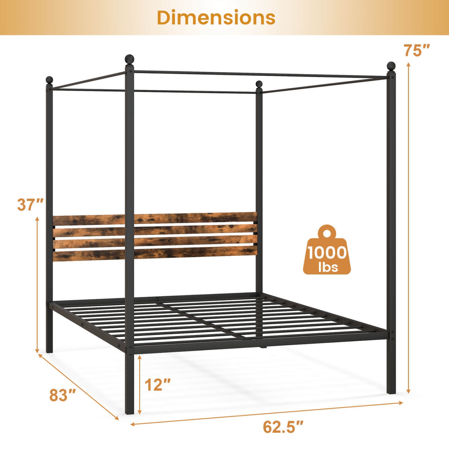 Stylish Canopy Bed Frame with Strong Support and Under Bed Storage