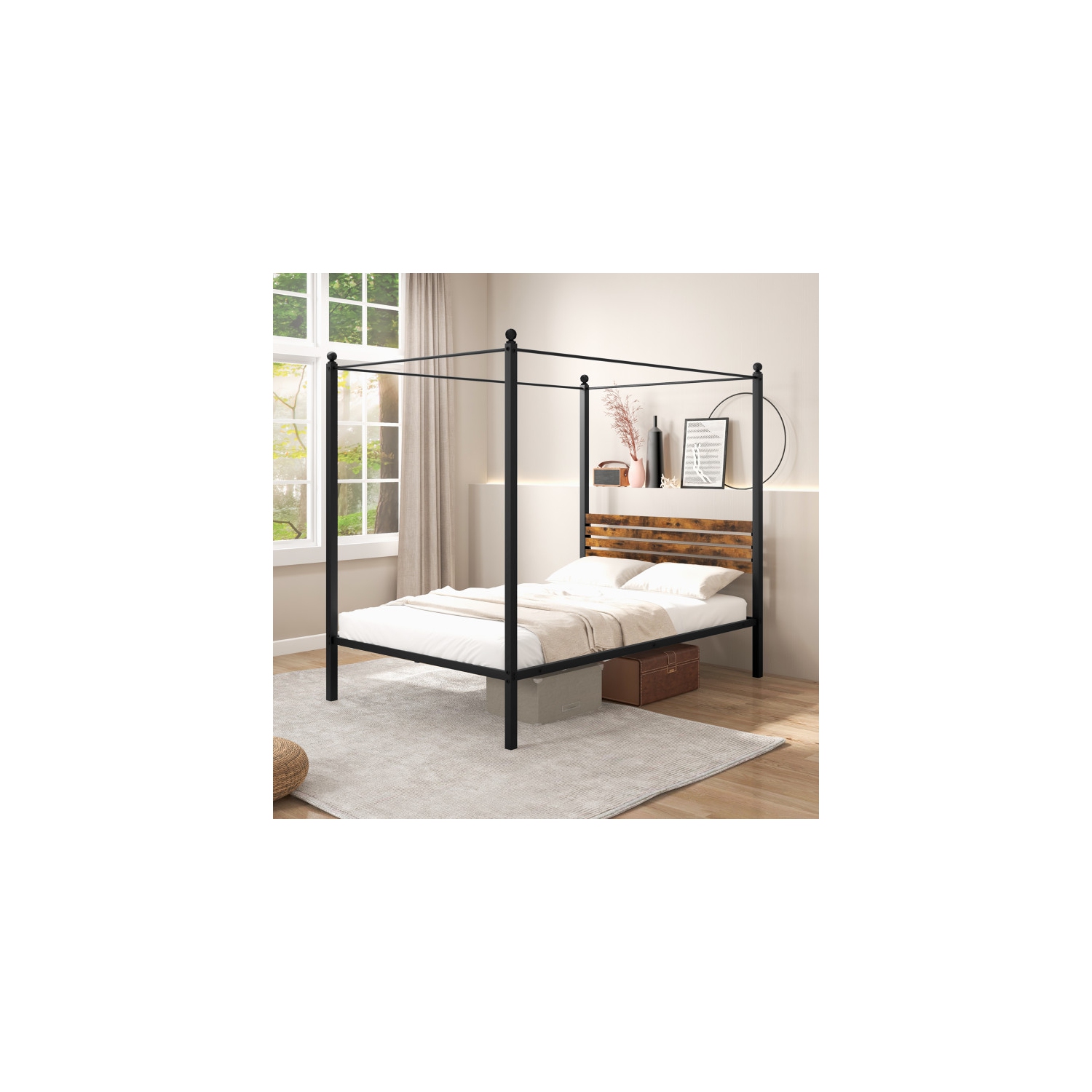 Stylish Canopy Bed Frame with Strong Support and Under Bed Storage
