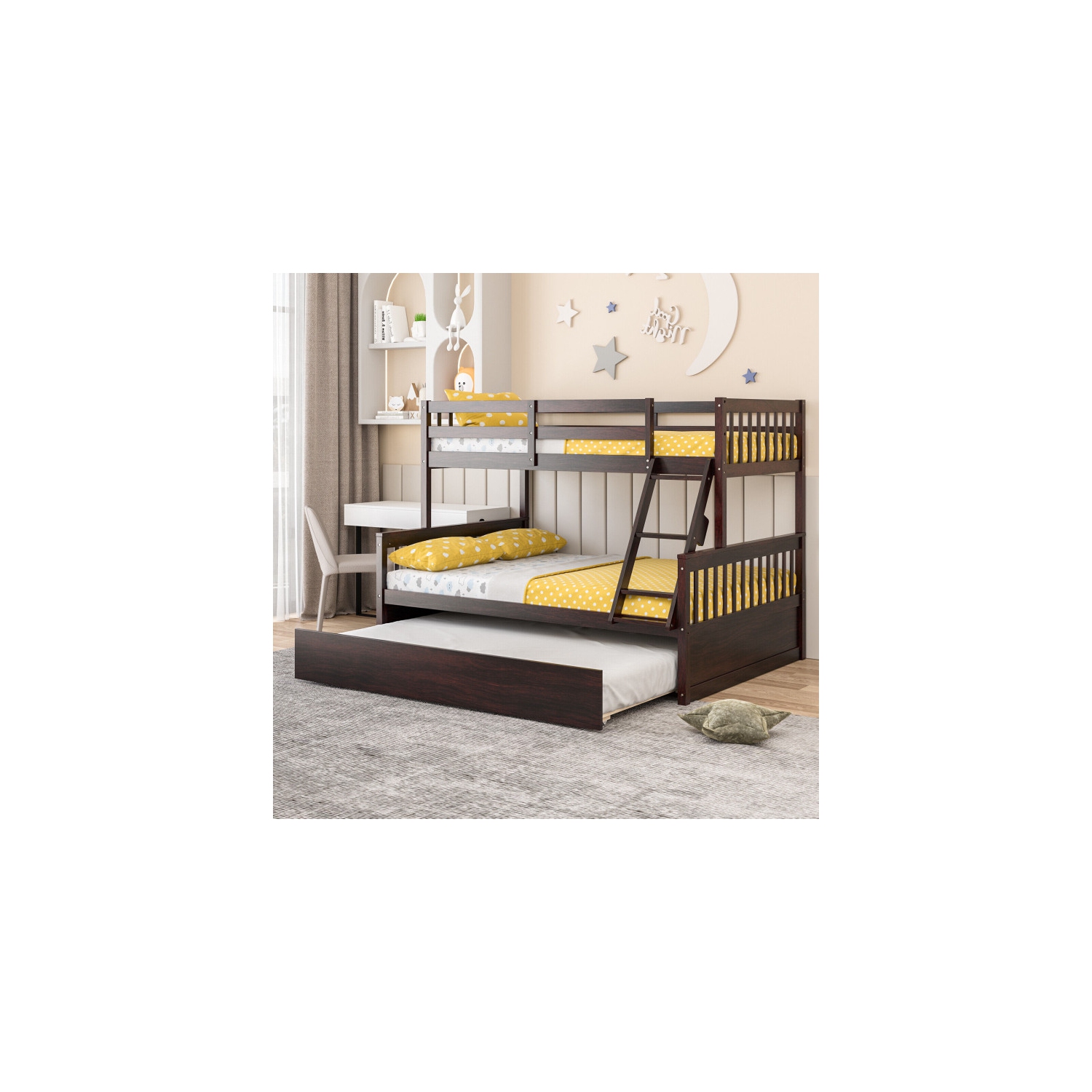 Convertible Bunk Bed with Pull Out Trundle for Kids or Guest Room