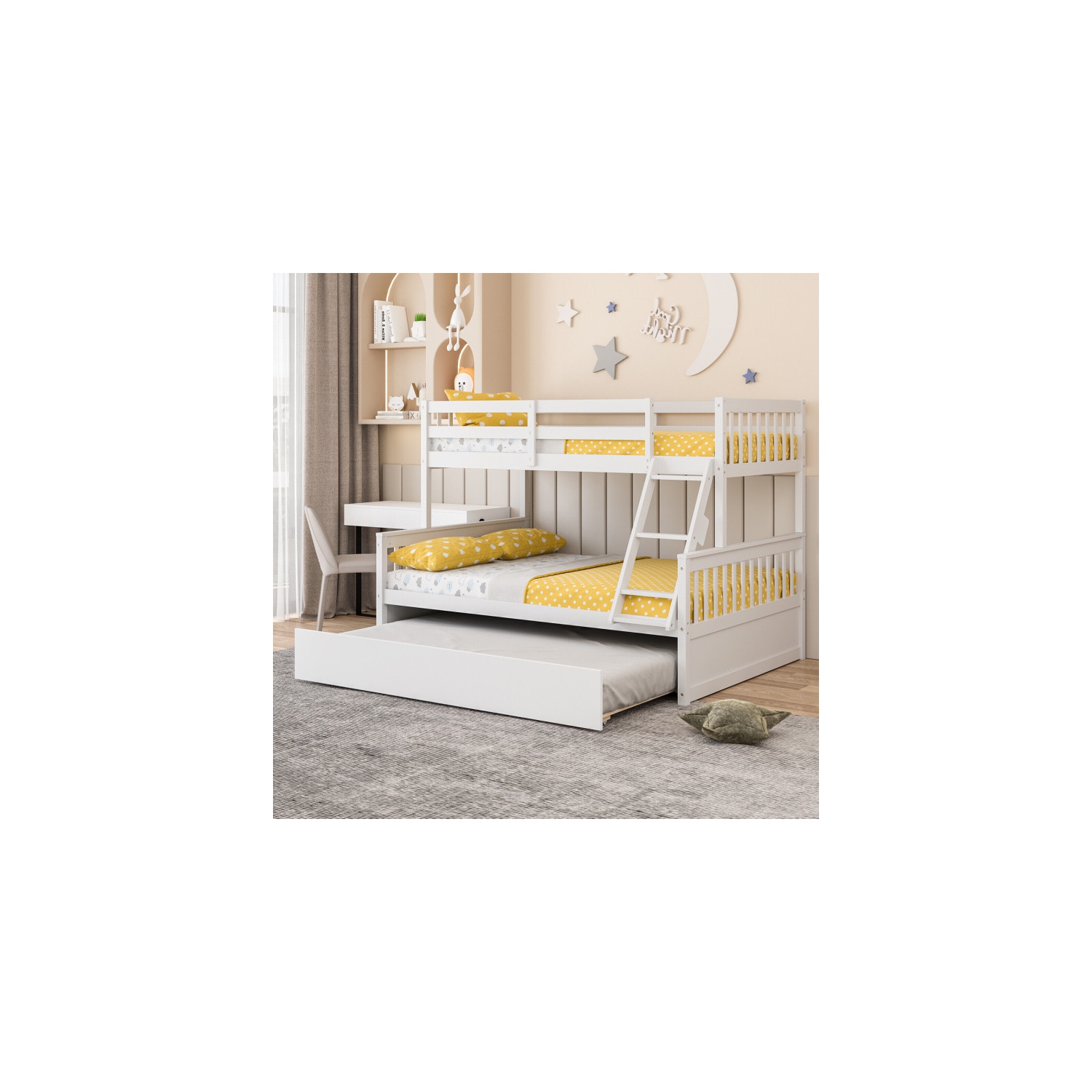 Convertible Bunk Bed with Pull Out Trundle for Kids or Guest Room