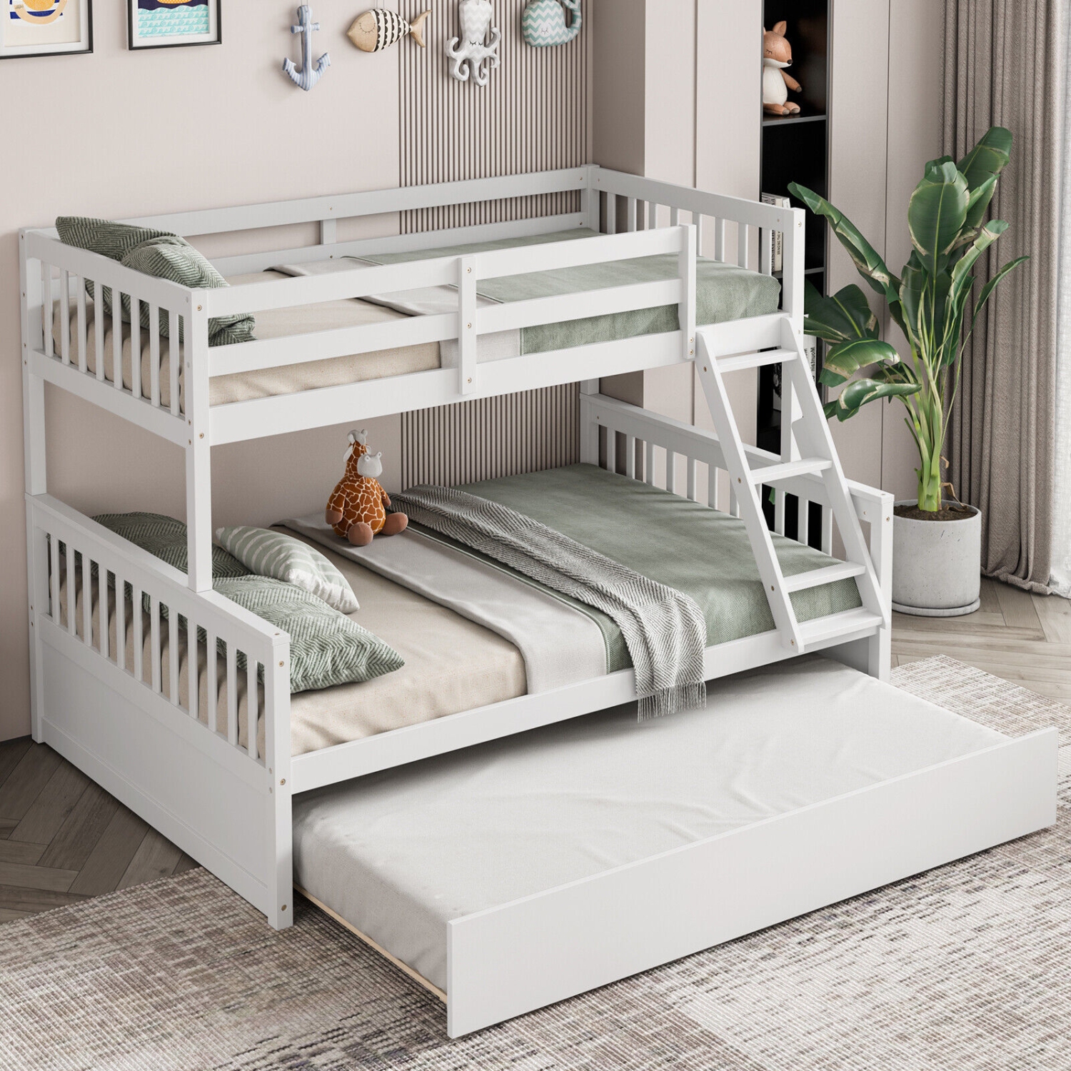 Convertible Bunk Bed with Pull Out Trundle for Kids or Guest Room