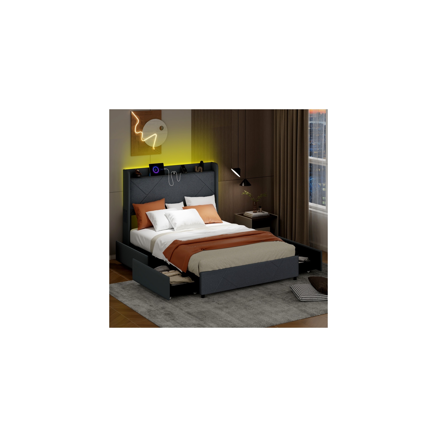 Modern Bed Frame with LED Headboard and USB Charging Ports