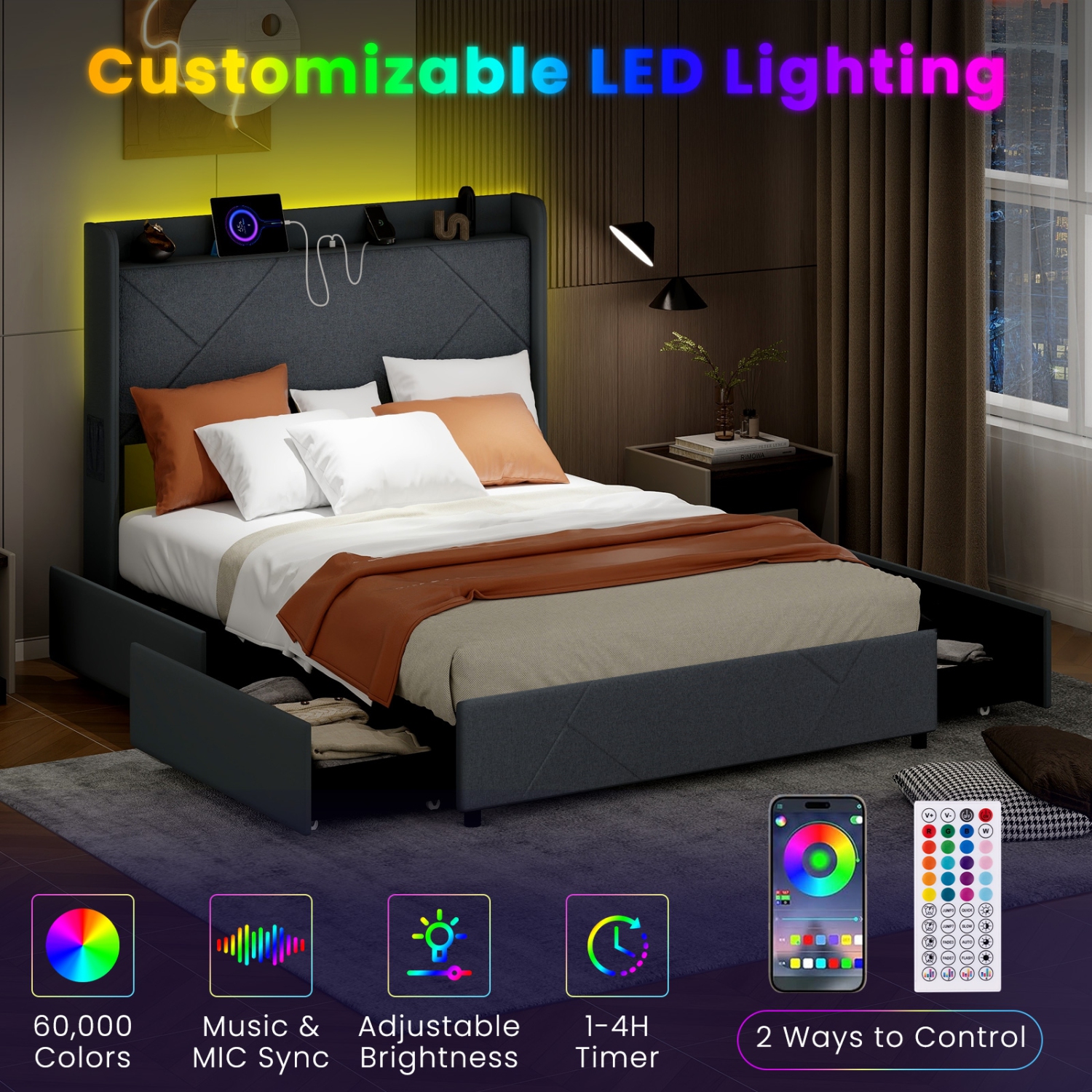 Modern Bed Frame with LED Headboard and USB Charging Ports