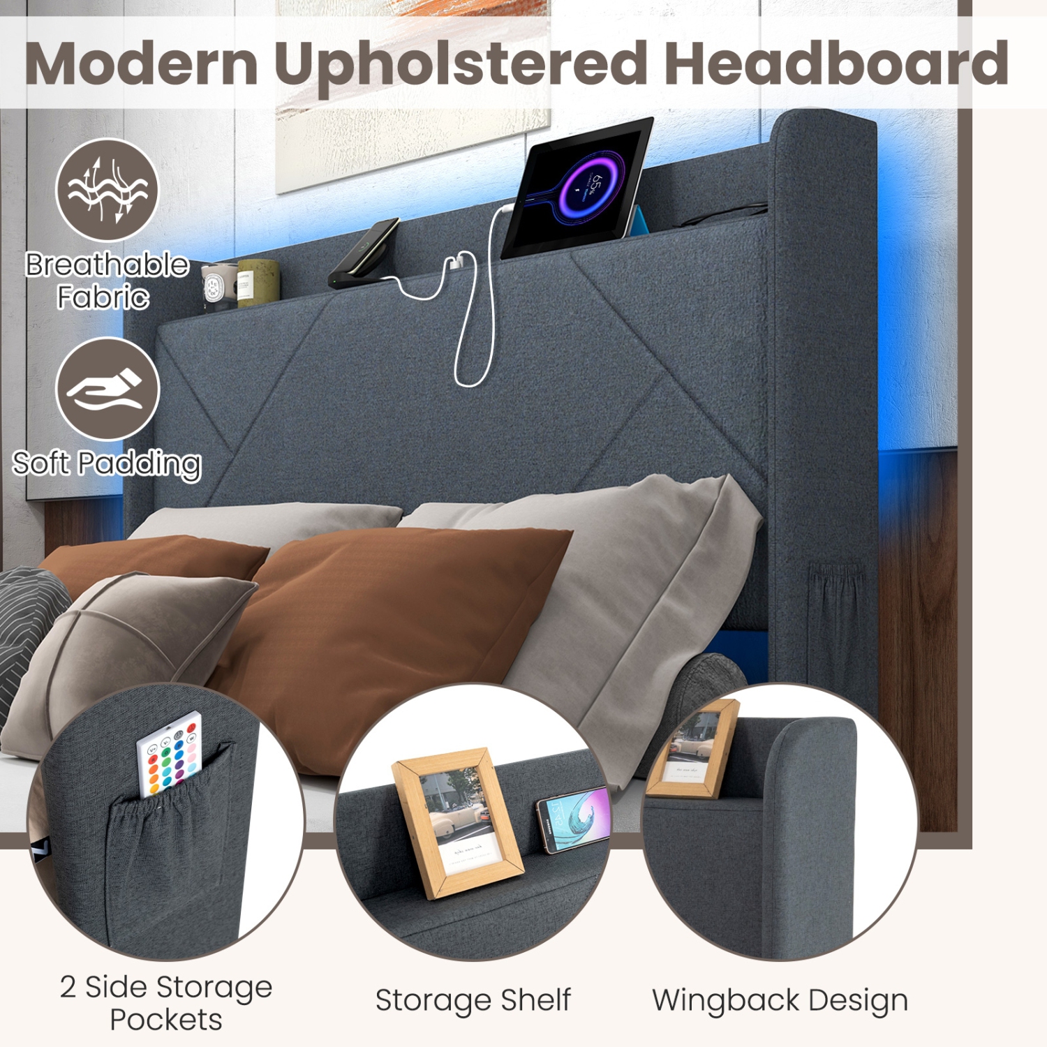 Modern Bed Frame with LED Headboard and USB Charging Ports