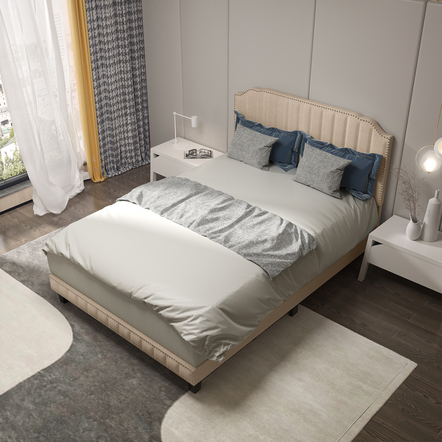 Heavy Duty Upholstered Bed Frame with Rivet Headboard