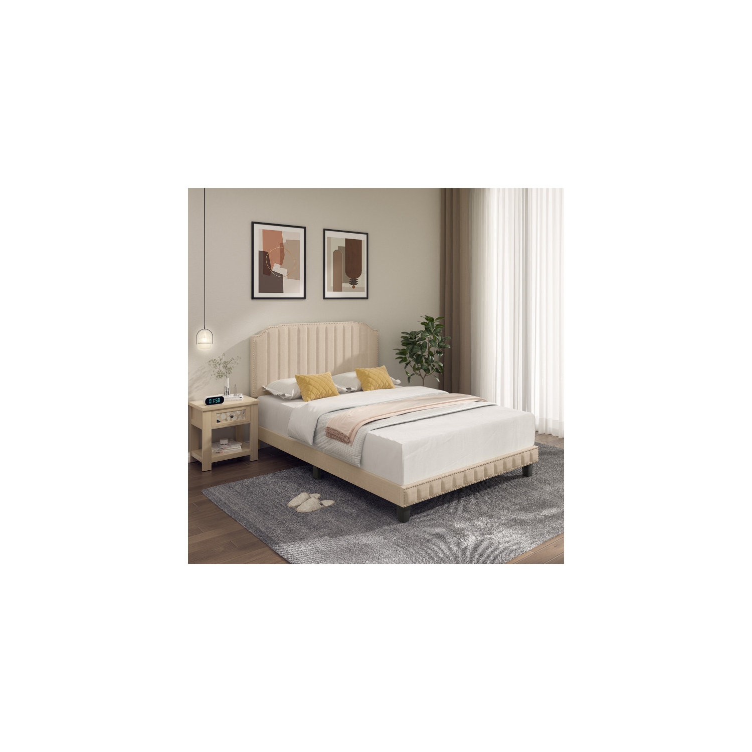 Heavy Duty Upholstered Bed Frame with Rivet Headboard