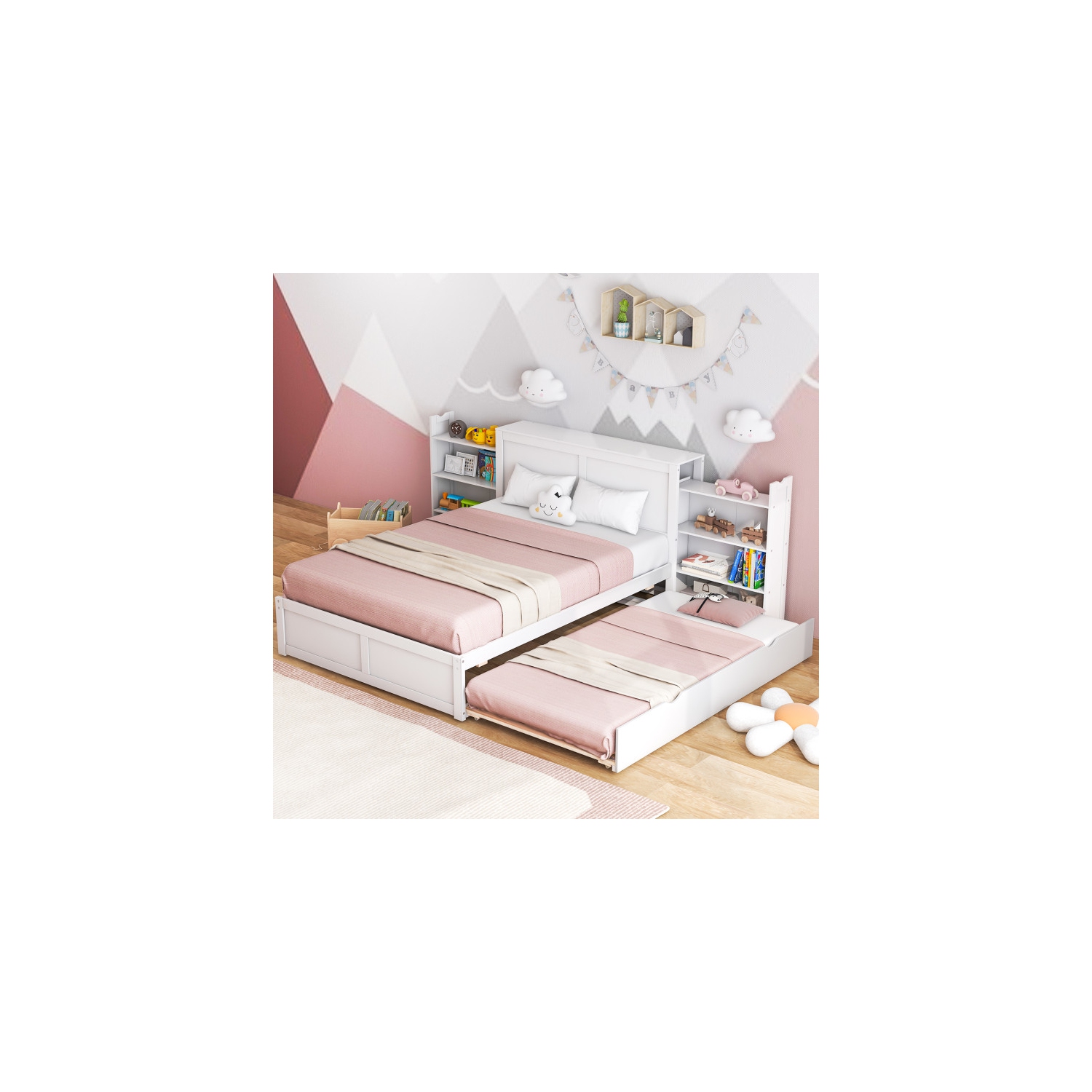 Platform Bed for Kids with Wooden Frame, Trundle, and Headboard Storage