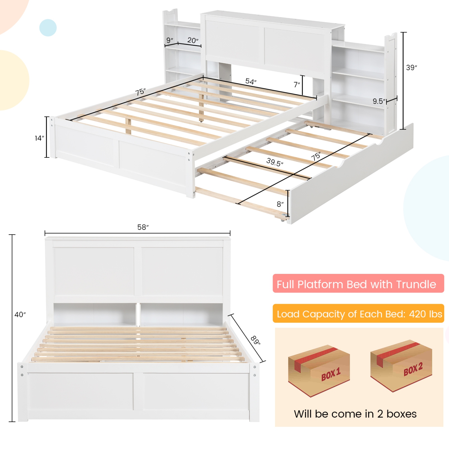 Platform Bed for Kids with Wooden Frame, Trundle, and Headboard Storage