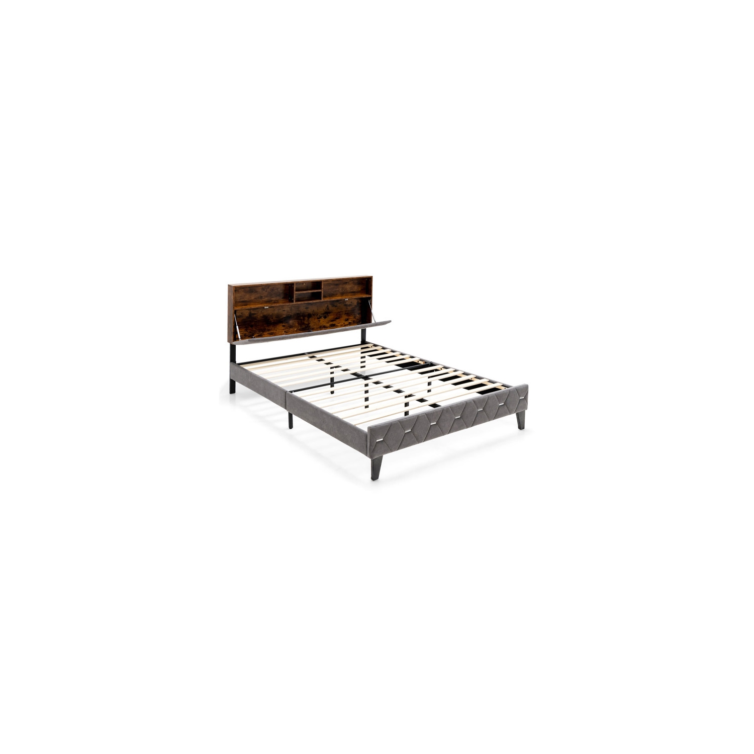 Upholstered Bed Frame with Storage Headboard and Sturdy Platform Base